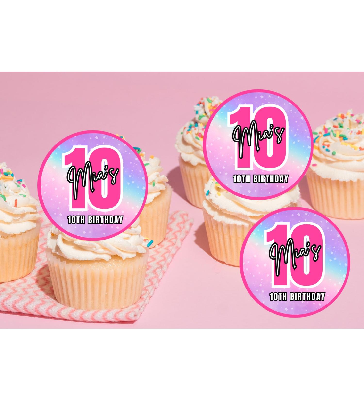 edible 20 x ANY AGE Birthday Pink cupcake toppers PERSONALISED uncut - 16th/18th/21st/30th/40th/50th/60th 70th/80th (wafer card)