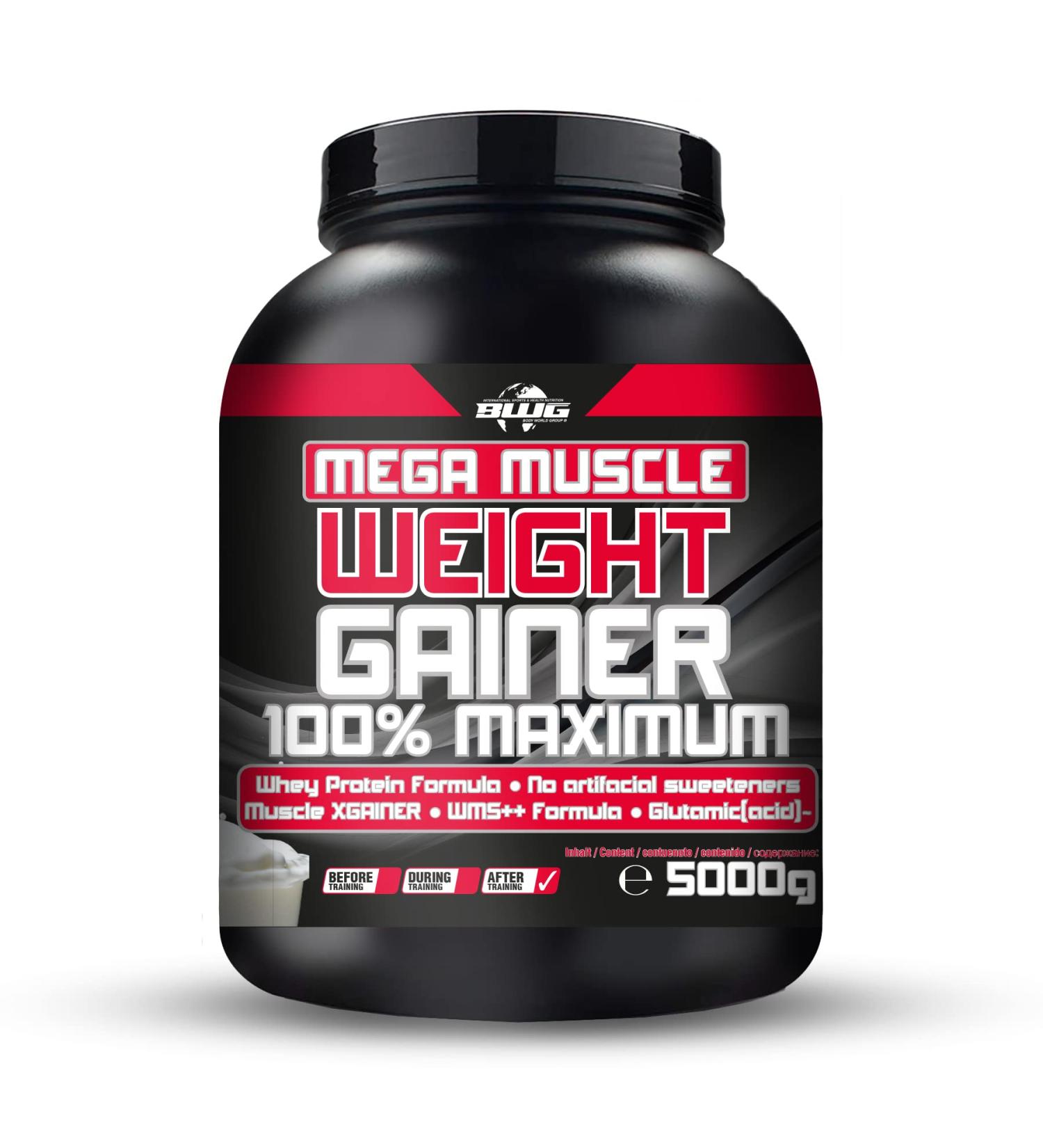 BWG MEGA MUSCLE Weight Gainer 5000g - Ultimate Gain for Hardgainers - Cookies & Cream Flavor - Ideal for Mass & Strength Phases - 1 Pack with Dosing Spoon - Buy Online on GoSupps.com