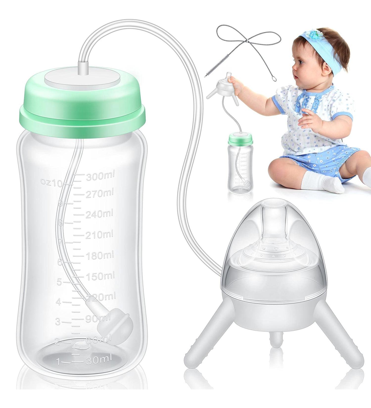Nuanchu 10 oz Self Feeding Baby Bottle w/ Long Tube Straw | Leak-Proof Baby Feeder Bottle for Imitation Milk Weaning | Mint Green - Buy Online on GoSupps.com