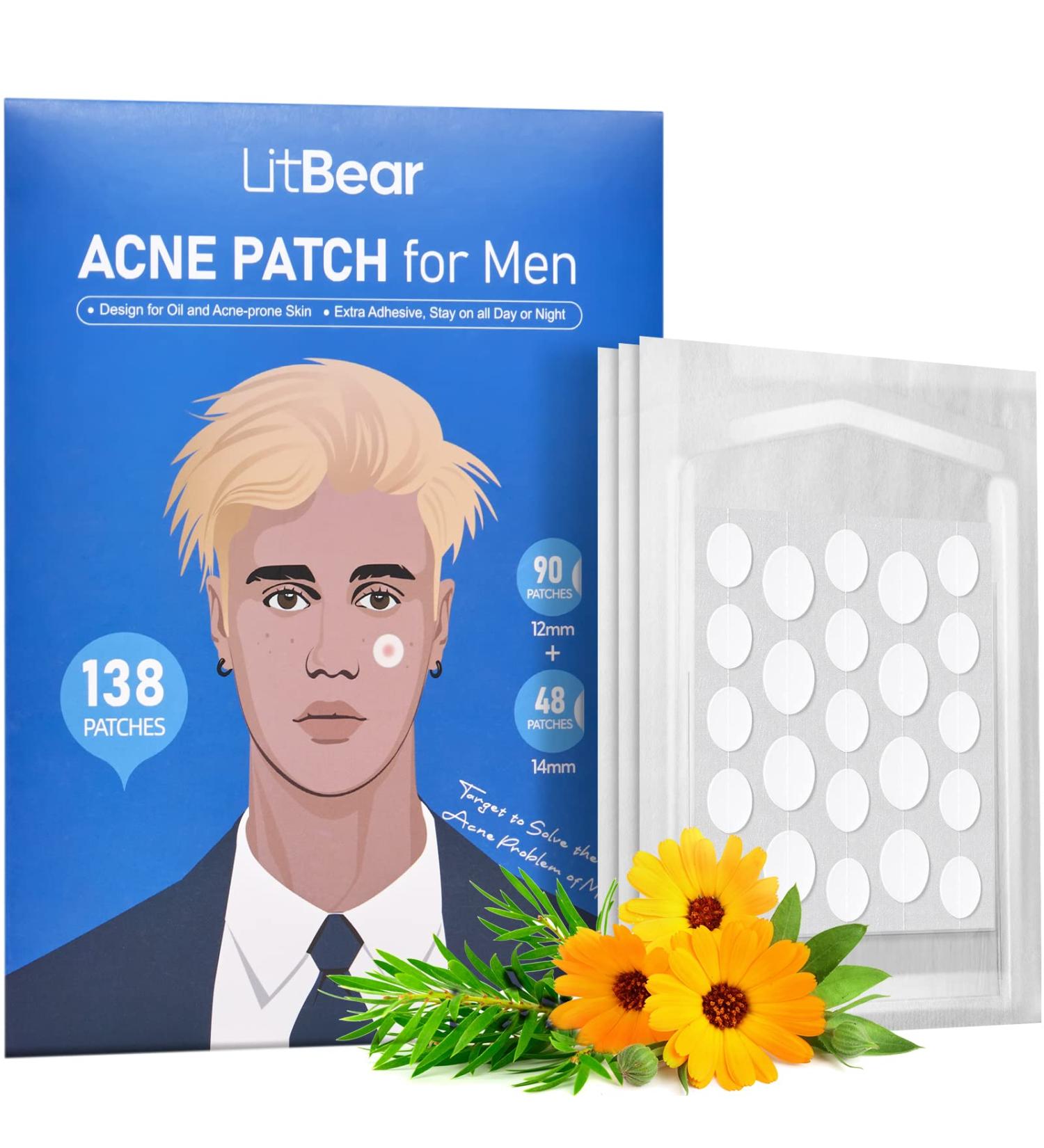 LitBear Acne Patch - 138 Professional Hydrocolloid Pimple Patches for Men - Tea Tree & Calendula Oil - 2 Sizes - Invisible Absorbing Cover Patch - Buy Online on GoSupps.com