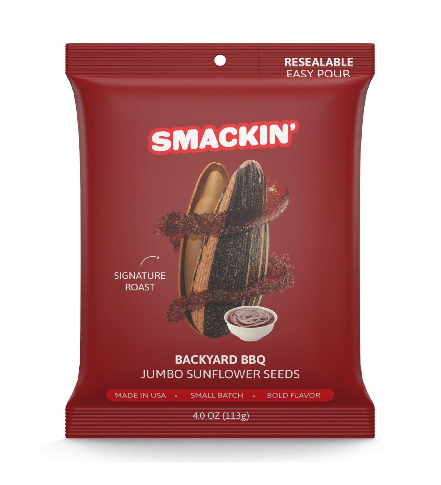 SMACKIN' Sunflower Seeds | Roasted Jumbo Sunflower Seeds | 4 Ounce Flavored Sunflower Seeds | Small-Batch American Made Sunflower Seeds | 12 Bags of Sunflower Seeds | Keto Snacks (Backyard BBQ) - Buy Online on GoSupps.com