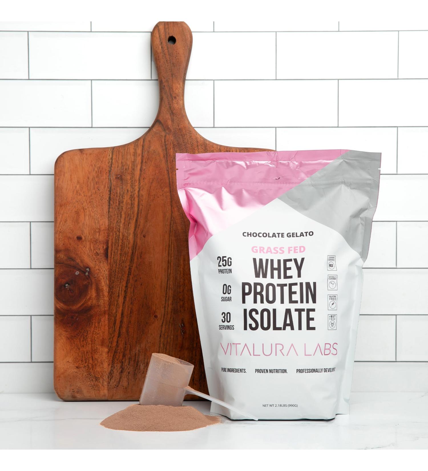 Vitalura Labs Grass-Fed Whey Protein Isolate - 25g Protein Per Serving - NSF Certified - Chocolate Gelato - No Fillers - Easy Digesting - 30 Servings - Buy Internationally - Buy Online on GoSupps.com