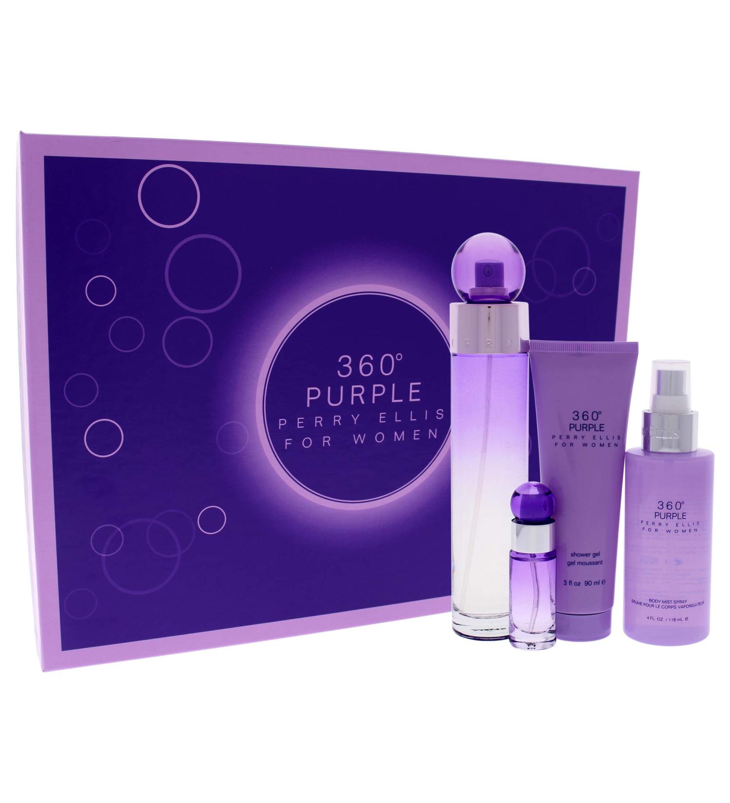 Perry Ellis 360 Purple Women 3.4oz EDP Spray 7.5ml EDP Mini Spray 4oz Body Mist 3oz Shower Gel 4 Pc Gift Set - Buy Online on GoSupps.com