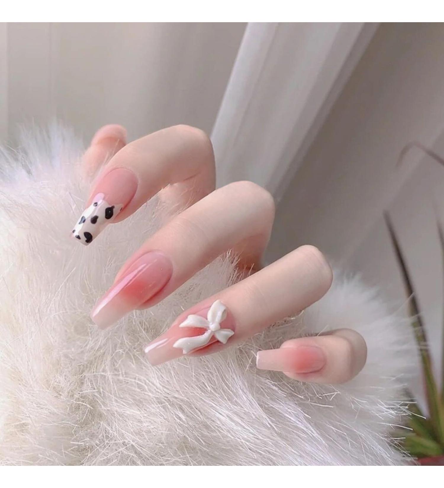 24Pcs/Set Black Long Ballet Artificial Press On Nail Tips Flower Bow French False Nails Supplies for Professionals Fake Nail Art False Nails-X34