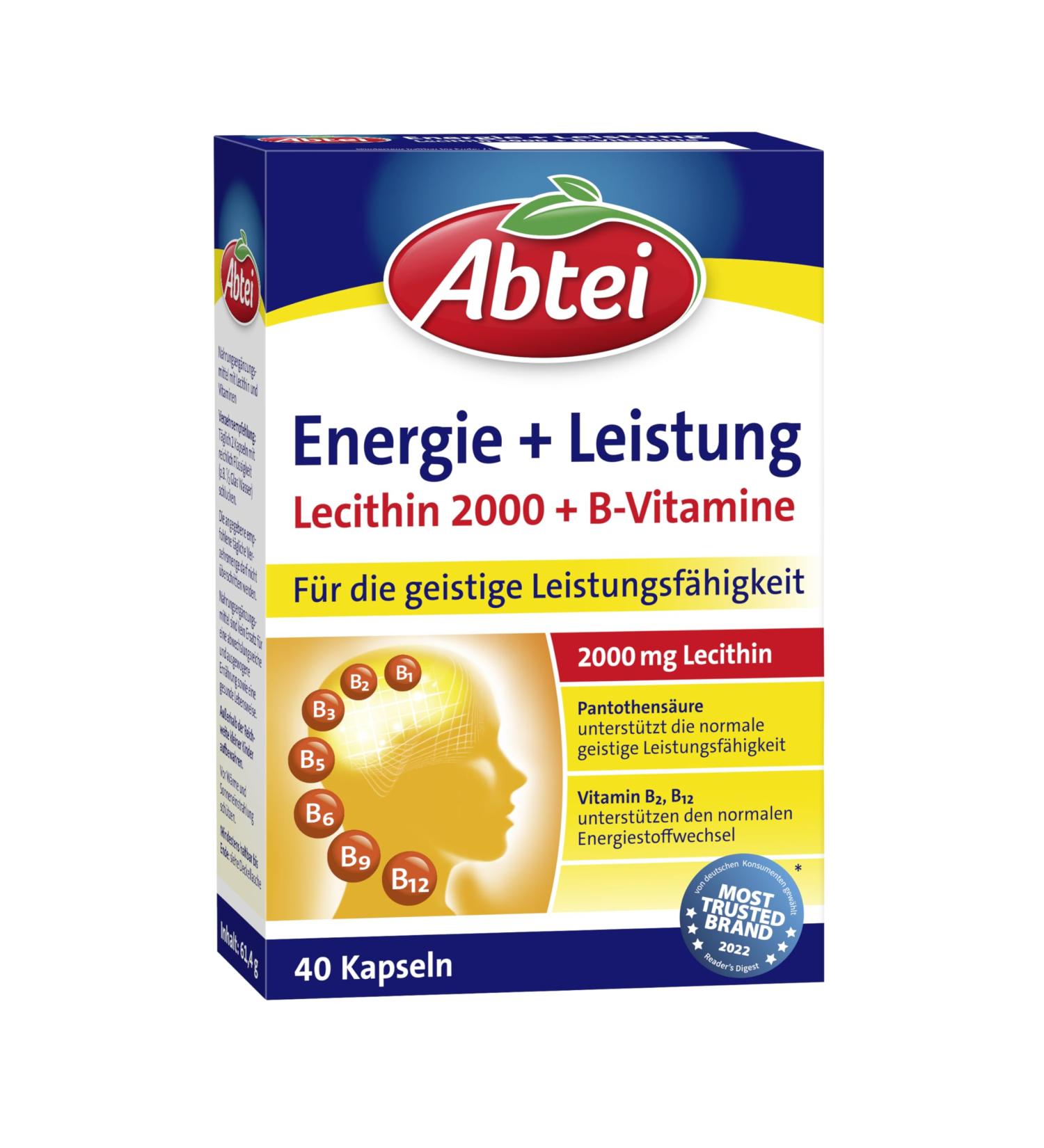 Abbey Energy & Performance - 2000 mg Lecithin + 7 B Vitamins - High-Dose Dietary Supplement for Concentration & Mental Performance - 40 Capsules - Buy Online on GoSupps.com