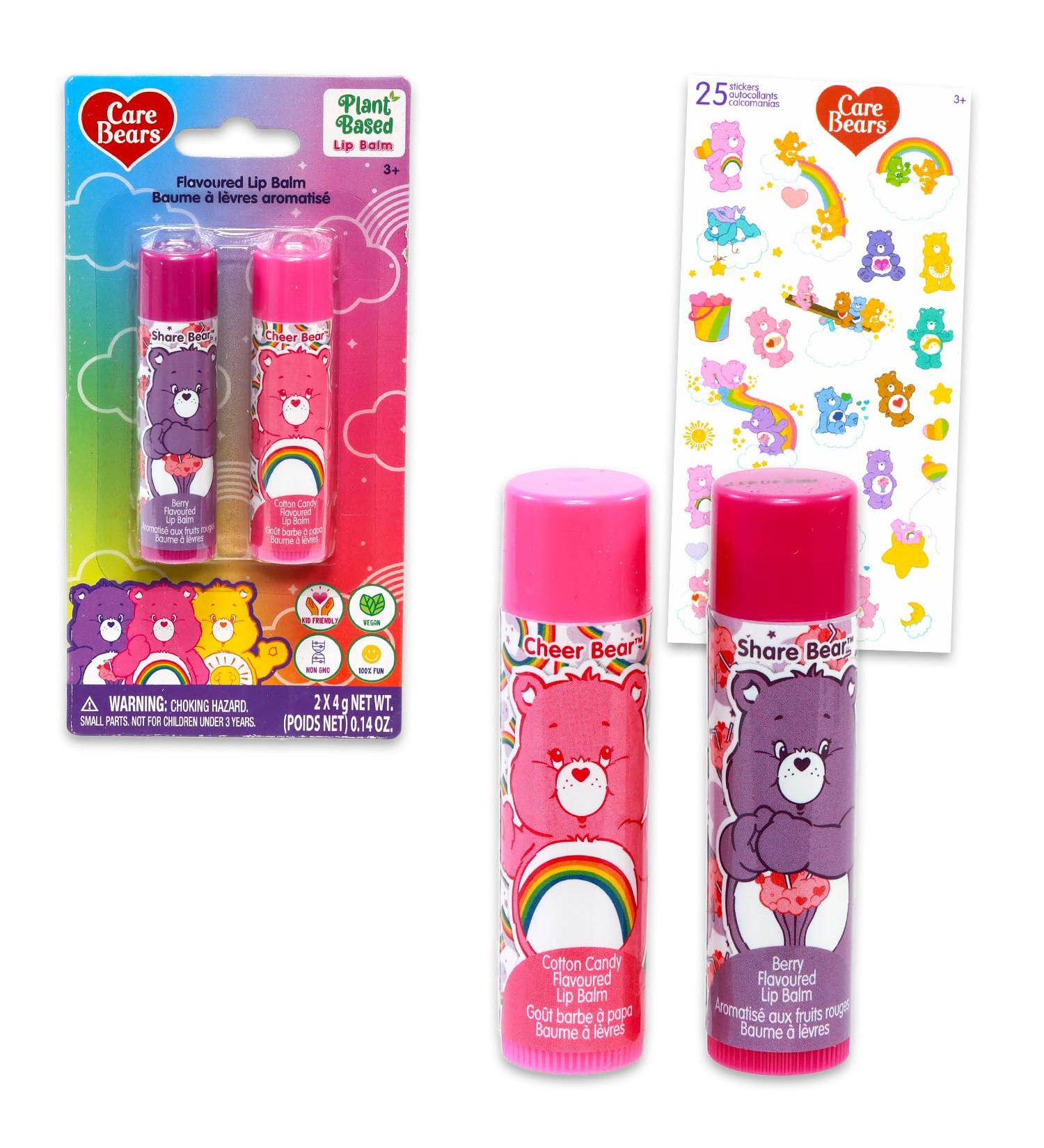Care Bears Lip Balm Tube Bundle for Kids 4 Pack of Lip Balm in Assorted Flavors Plus Stickers for Girls Kids | Care Bears Party Favors
