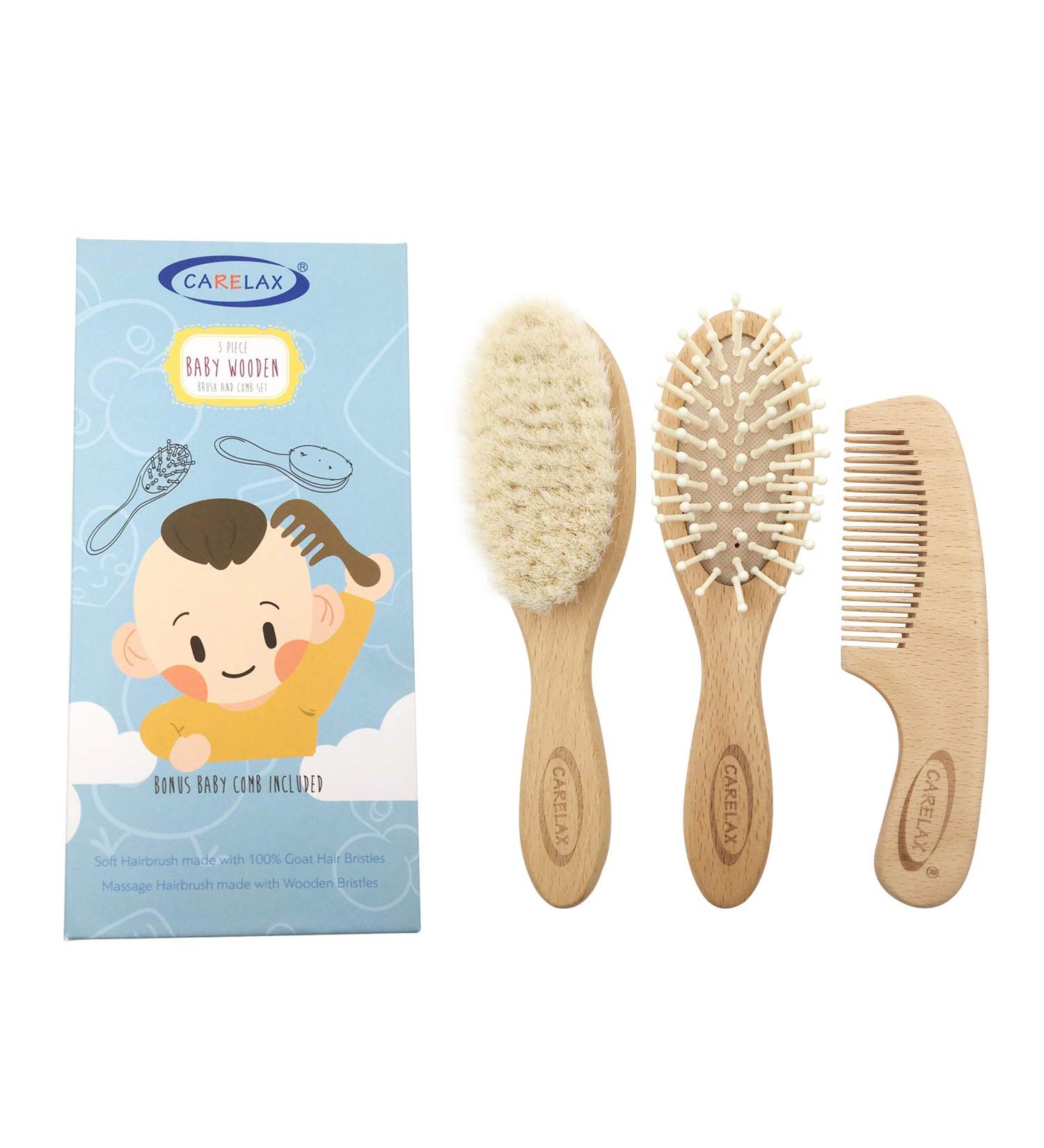 Organic Wooden Baby Hair Brush & Comb Set with Natural Goat Bristles - Ideal for Newborns & Toddlers | Perfect Shower Gift for Infant & Kids - Buy Online on GoSupps.com