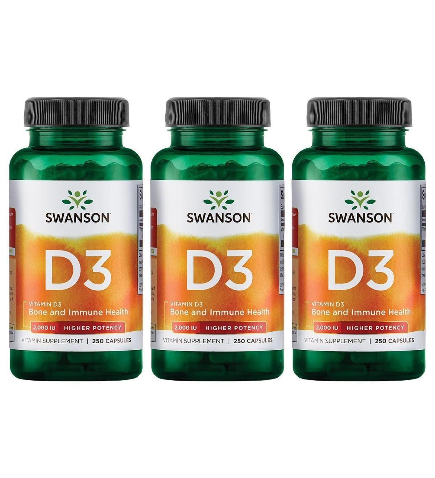 Swanson Higher Potency Vitamin D-3 2000 Iu - Sunshine Vitamin Bone, Immune Support (50 mcg) 250 Capsules (3 Pack)