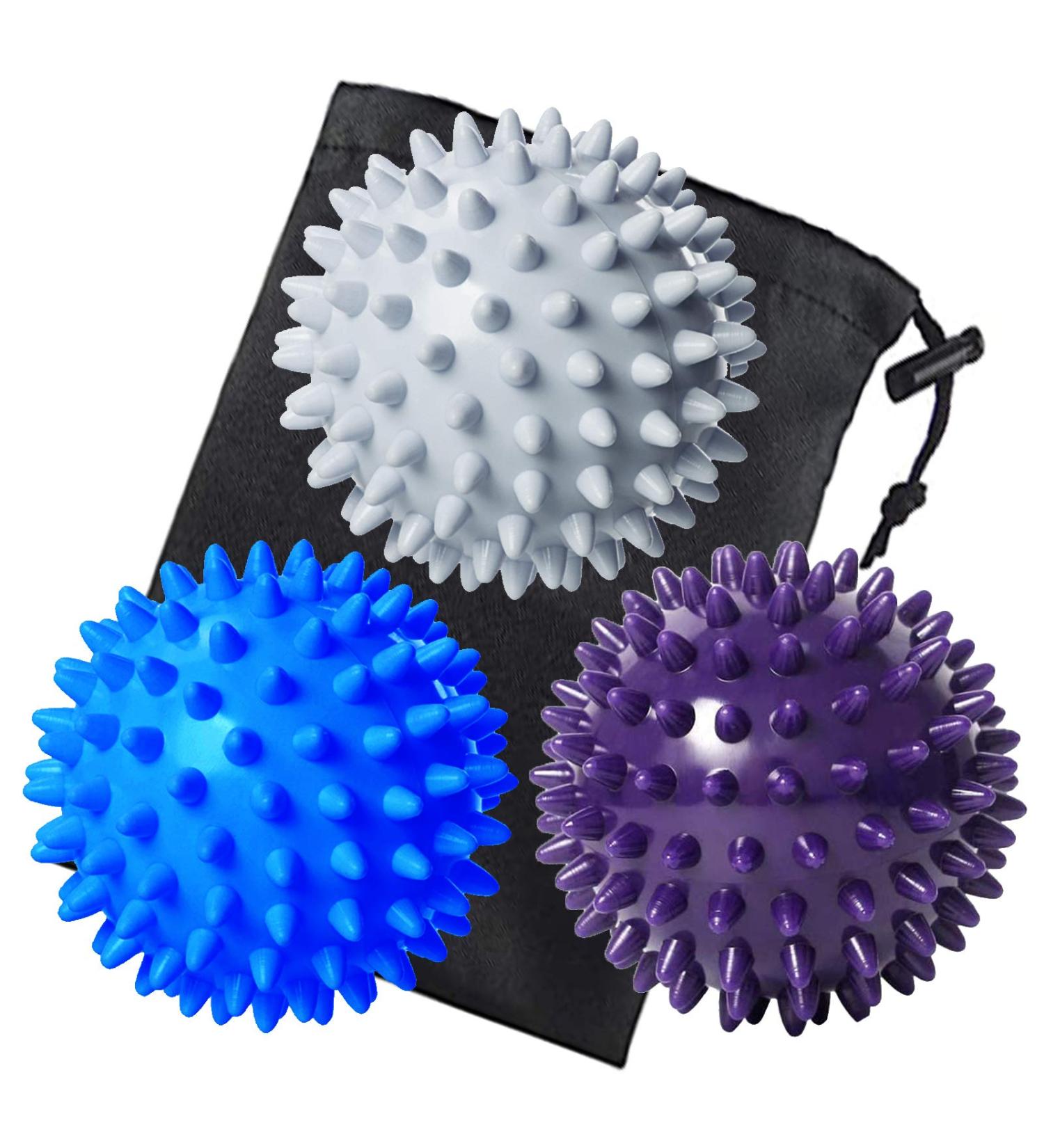 Benvo Spiky Massage Balls Pack of 3 for Pain Relief - Plantar Fasciitis, Back, Shoulder, Foot Muscles, Trigger Point Release - Deep Tissue Massage Roller Lacrosse Balls - Stress Relief and Yoga Tool (Silver/Blue/Purple) - Buy Online on GoSupps.com