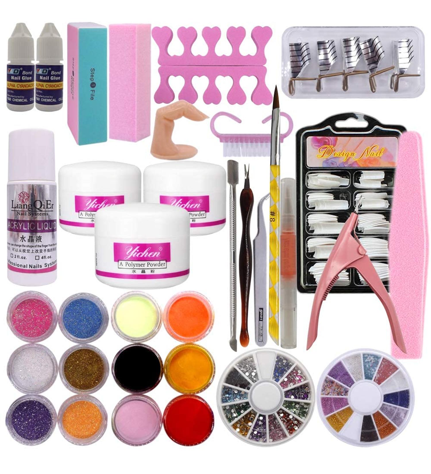 Warm Girl Acrylic Nail Kit Clear Pink White Acrylic Powder Liquid Brush Nail Kit Glitter Powders Nail Art Tips Set Kit set 2 - Buy Online on GoSupps.com
