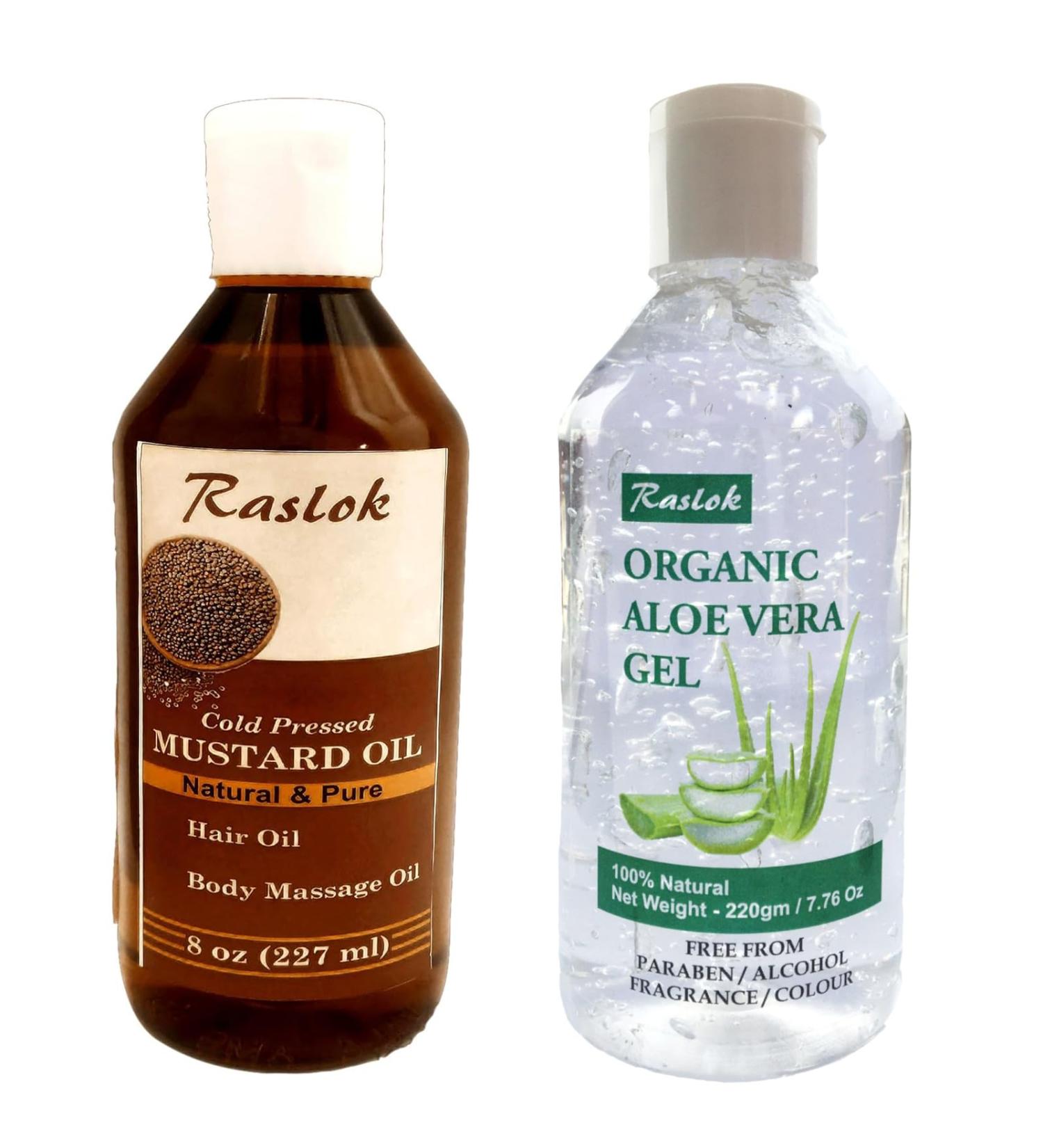 Raslok Mustard Oil 100% Pure & Natural Cold Pressed (8 Fl OZ) Aloe Vera Gel 100% Pure & Natural (7.76 OZ) Nourishing for Hair Skin & Massage Moisturizing & Hydrating Combo - Buy Online on GoSupps.com