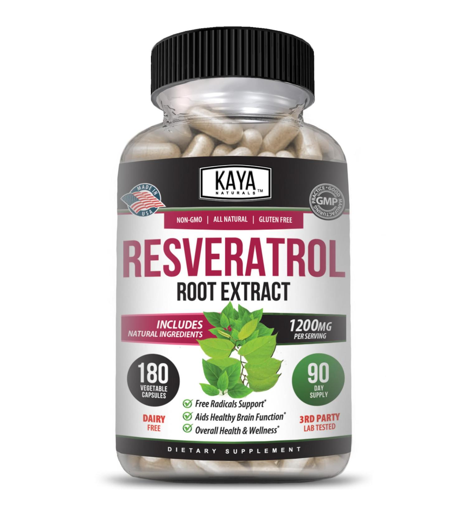 Kaya Naturals - Resveratrol Capsules - Anti Aging Supplement - Antioxidants with Brain Support - Maximum Benefits - 180 Veggies Capsules - Buy Online on GoSupps.com