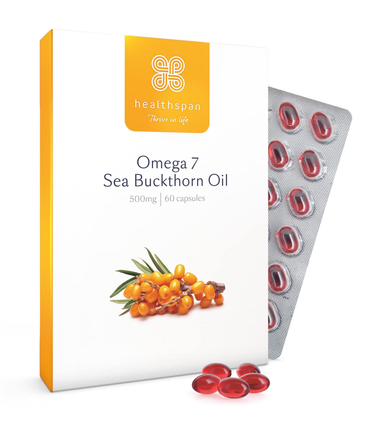 HealthSpan Omega 7 Sanddorn Oil 500 mg High Omega-7 & Omega-9 | Vitamin A & Carotenoids | Vegan | 60 Capsules for Women's Health - Buy Online on GoSupps.com