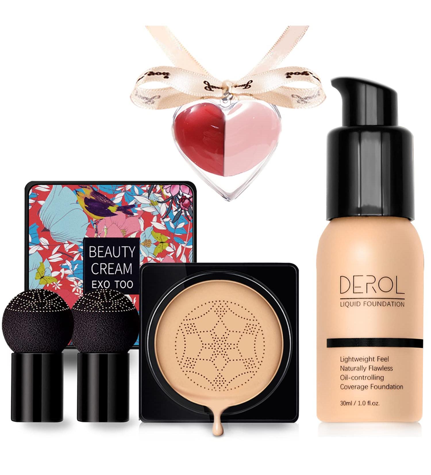 Mushroom Head Air Cushion CC Cream & Foundation Set - Full Coverage Liquid Concealer & Beauty Blender Kit for Flawless Makeup - Perfect Gift for Women, Girls & Teens - Buy Online on GoSupps.com