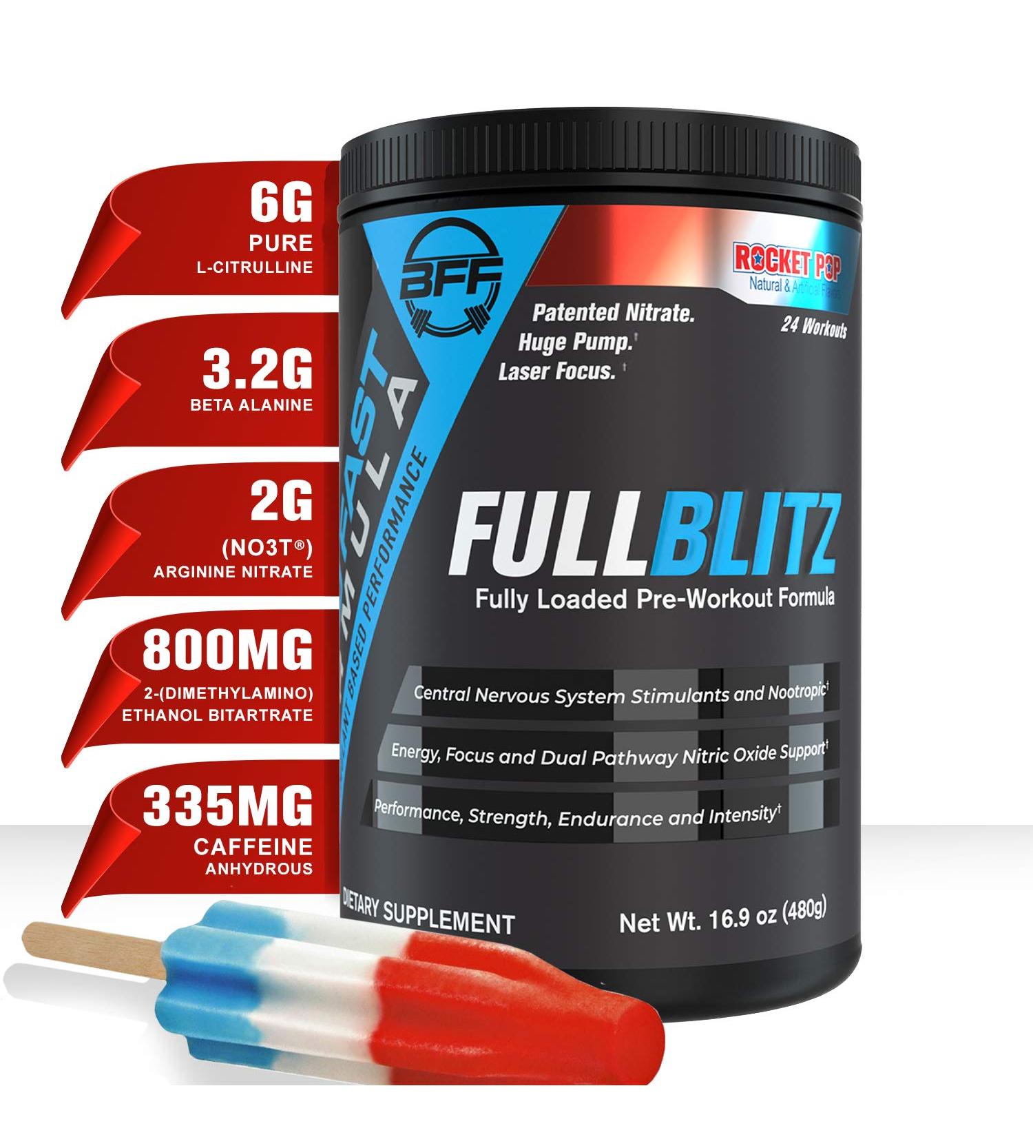 FULLBLITZ Pre-Workout by BFF Build Fast Formula | Energy Booster & Nitric Oxide Pump | Laser Focus Nootropic Blend | 24 Servings (Rocket Pop) - Buy Online on GoSupps.com