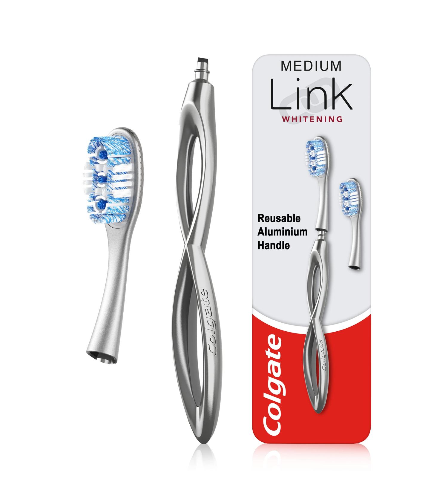 Colgate Link Manual Toothbrush Whitening Starter Kit - Premium Aluminum Handle & 2 Replacement Brush Heads | Eco-Friendly Silver Stain Removal Technology | 80% Less Plastic - Buy Online on GoSupps.com