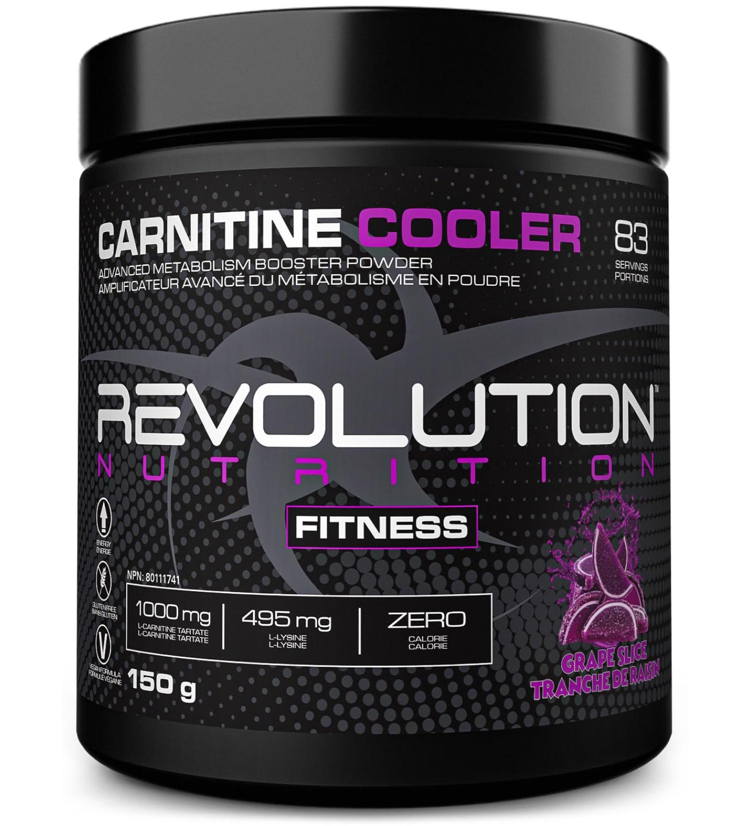 Revolution Nutrition Carnitine Cooler Powder L- Carnitine Tartrate Lean supplement Amino Acid Enhance Endurance Zero Calorie 1000 mg L- Carnitine 945 mg L-Lysine 150g 83 Servings (Grape Slice 0.33 Pound) Grape Slice 0.33 Pound - Buy Online on GoSupps.com