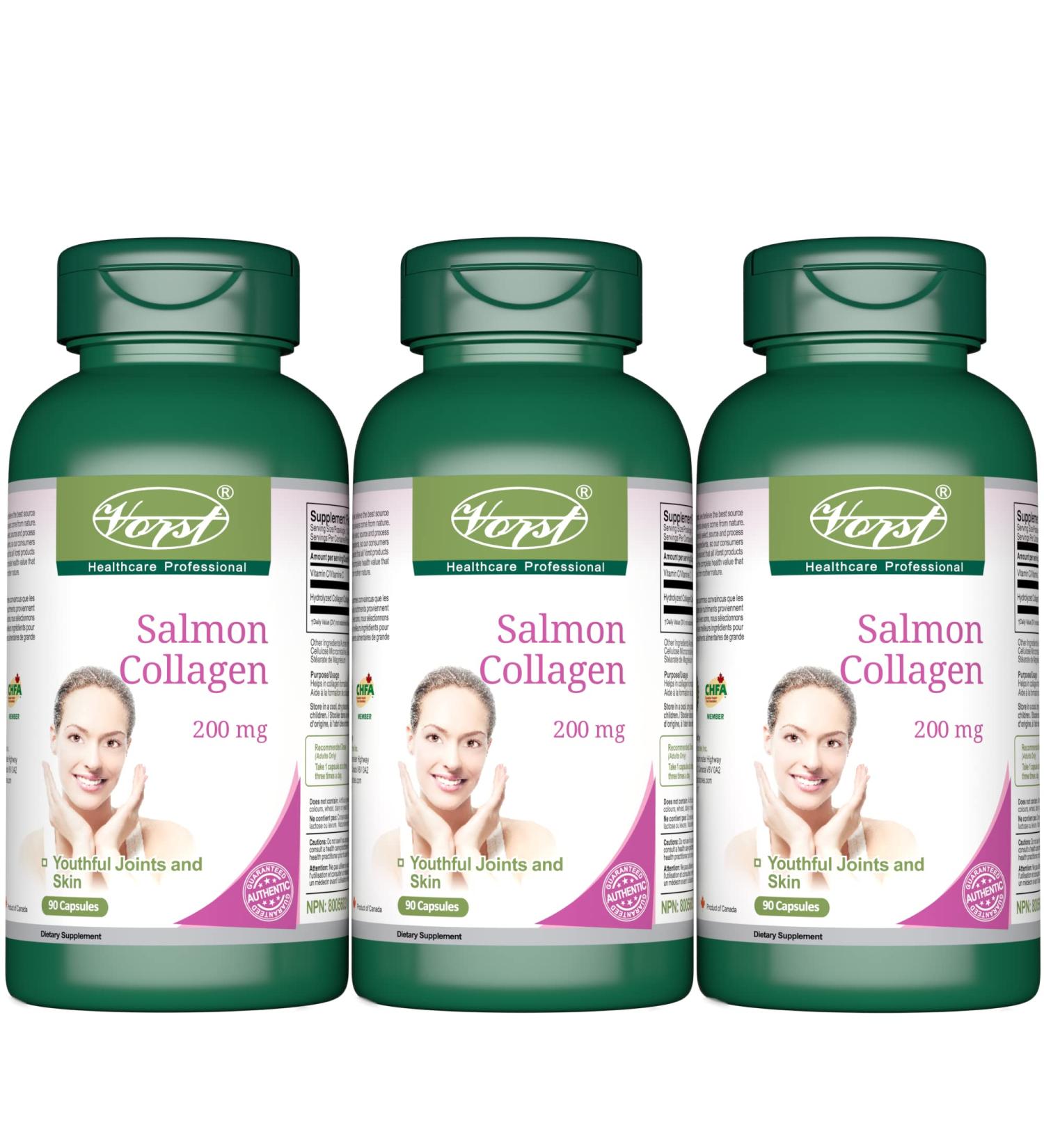 Salmon Collagen 200mg plus Vitamin C 3 X 90 Capsules | Type 1 & Type 3 Supplement for Anti Aging Dull Skin Hair Nails Joints & Bones | Includes 40mg of Vitamin C | Powder Pills | 3 Bottles 270 count (Pack of 1) - Buy Online on GoSupps.com