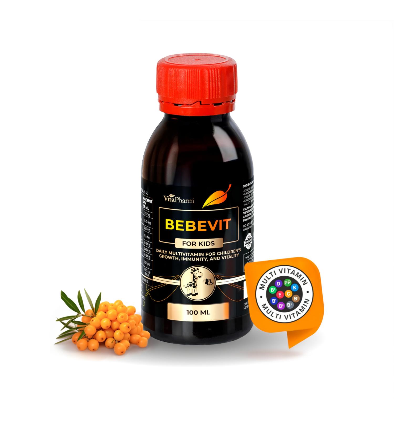 BEBEVIT Liquid Multivitamin for Kids Sugar-Free & Non-GMO Formula with Vitamins A, C, D3, E, K2 & B-Complex Daily Support for Growth, Immunity, Energy & Bone Strength 100ml Made in EU - Buy Online on GoSupps.com