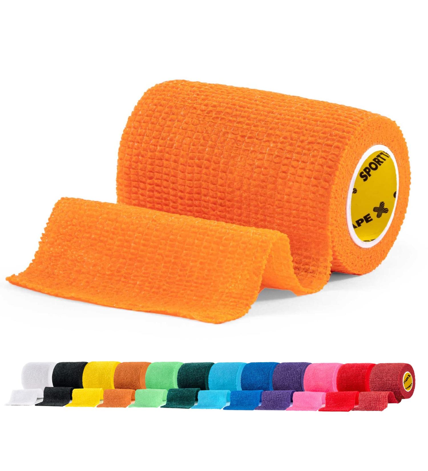 SPORTTAPE Self-Adhesive Football Sock Tape 7.5cm x 4.5m - Orange | Cohesive Bandage for Dogs & Horses | Compression Shin Pad and Ankle Tape - Buy Online on GoSupps.com