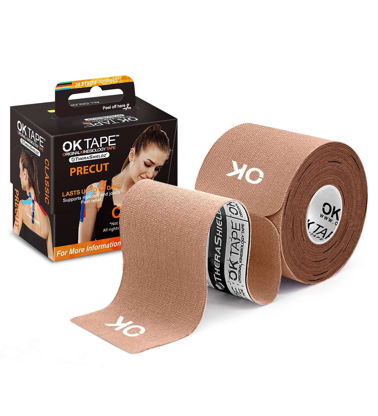 OK TAPE Kinesiology Tape 10 - 20 Precut Strips, Latex-Free Cotton Elastic Athletic Tape - Beige - Buy Online on GoSupps.com