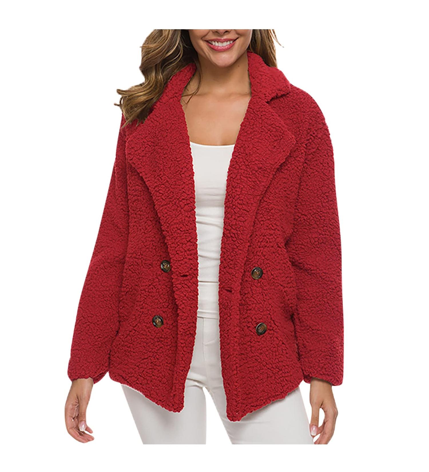 Winter Jacket For Women Women's Fall Winter Clothes Casual Padded Thickened Suit Collar Button Wool Warm Fuzzy Cardigan Large 3-Red - Buy Online on GoSupps.com