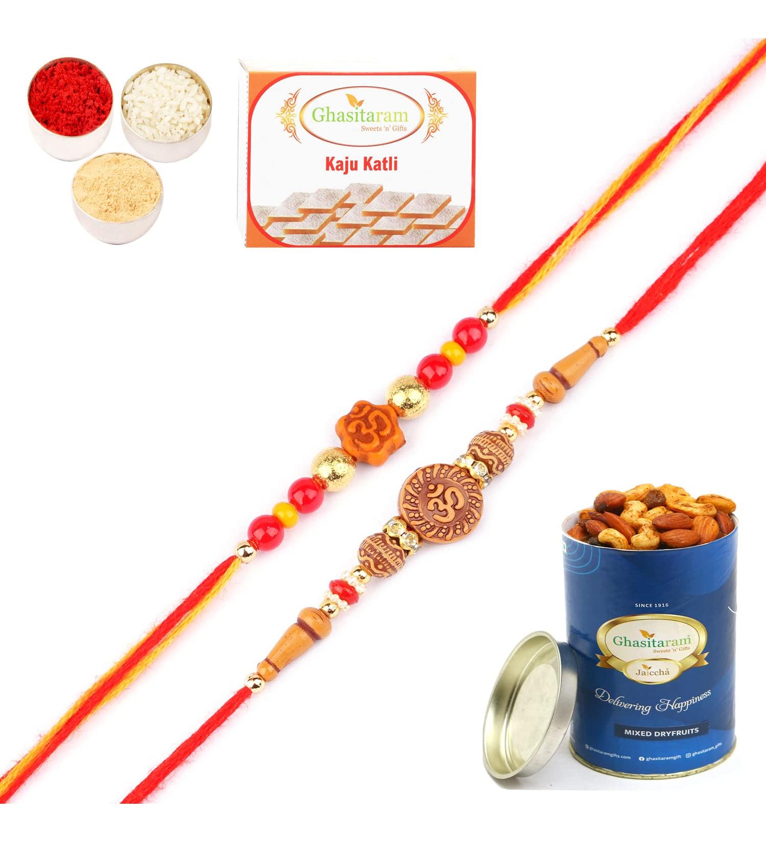Ghasitaram Gifts Rakhi for Brother Rakhis Online - Set of 2-6074 and 6325 Om Rakhi Threads with 100 GMS of Dryfruits Mix Can 200 GMS of Kaju katli - Buy Online on GoSupps.com