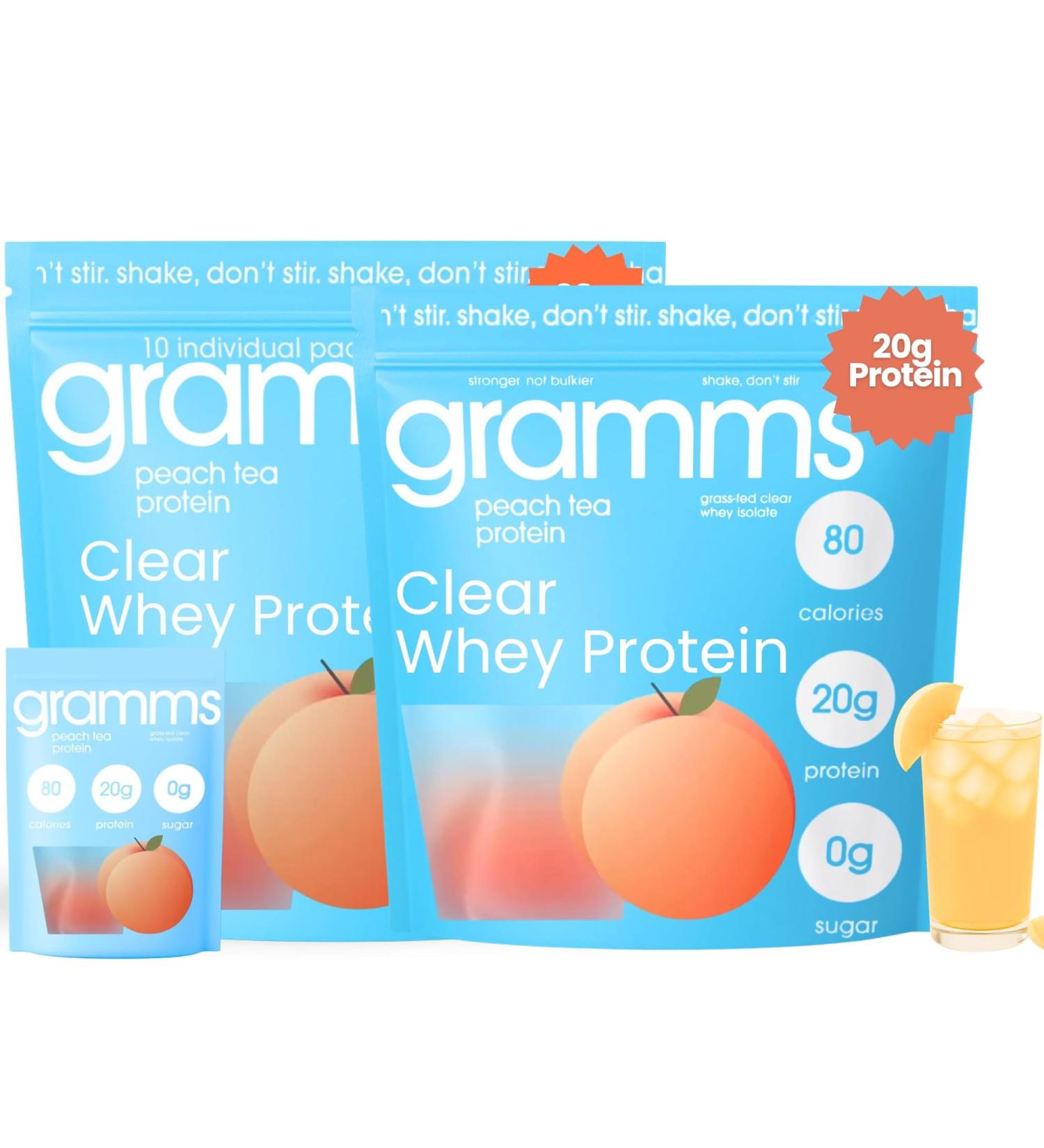 GRAMMS Clear Protein Powder 20G Protein for Women & Men | Grass-Fed Whey Isolate Zero Sugar Zero Lactose Non-Bloating Non-GMO(Peach Bundle) - Buy Online on GoSupps.com