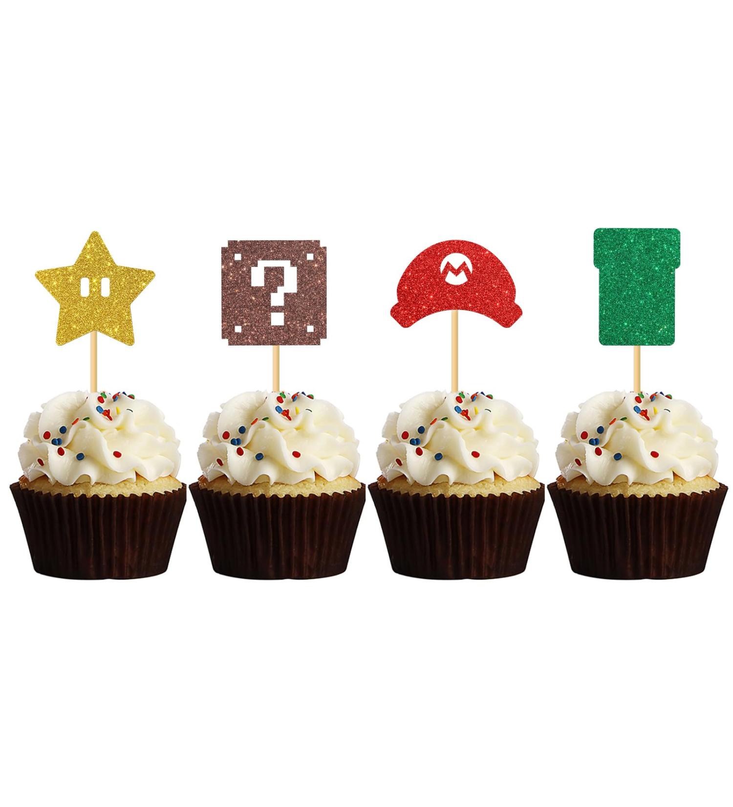 MonMon & Craft Mario Cupcake Toppers - Girls Boys Children Birthday Cupcake Toppers - Video Game Dessert Decor - Baby Shower Birthday Party Decorations Glitter - 24 Pcs - Buy Online on GoSupps.com
