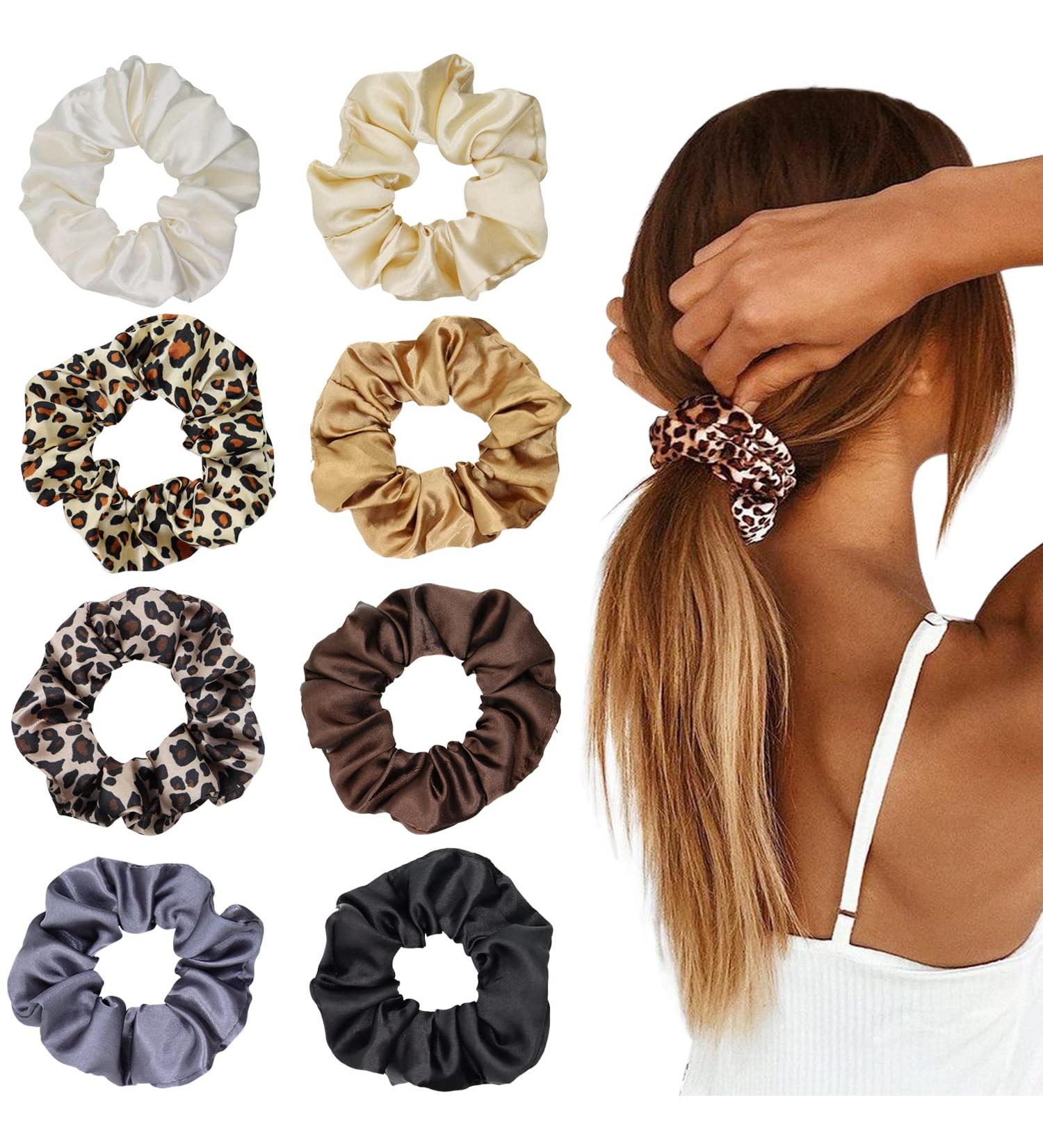 LIHELEI Satin Hair Scrunchies - 8PCS Leopard & Solid Color Elastic Hair Bands for Women & Girls - Buy Online on GoSupps.com