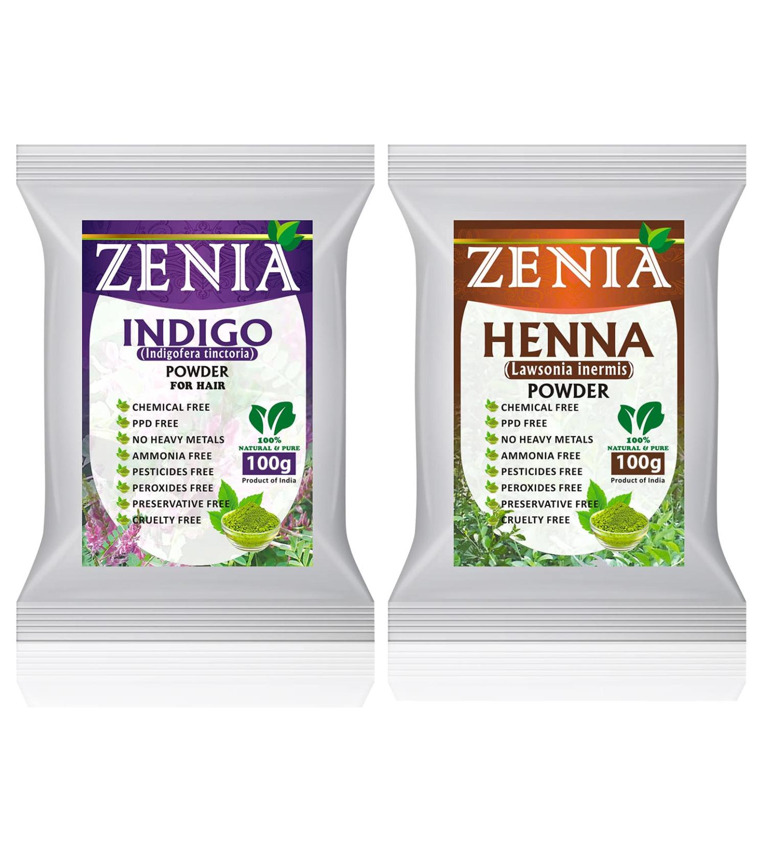 Zenia 100% Pure Indigo & Henna Hair Color Combo Kit - 100g Each, Natural & Chemical-Free, PPD & Ammonia-Free - Buy Online on GoSupps.com