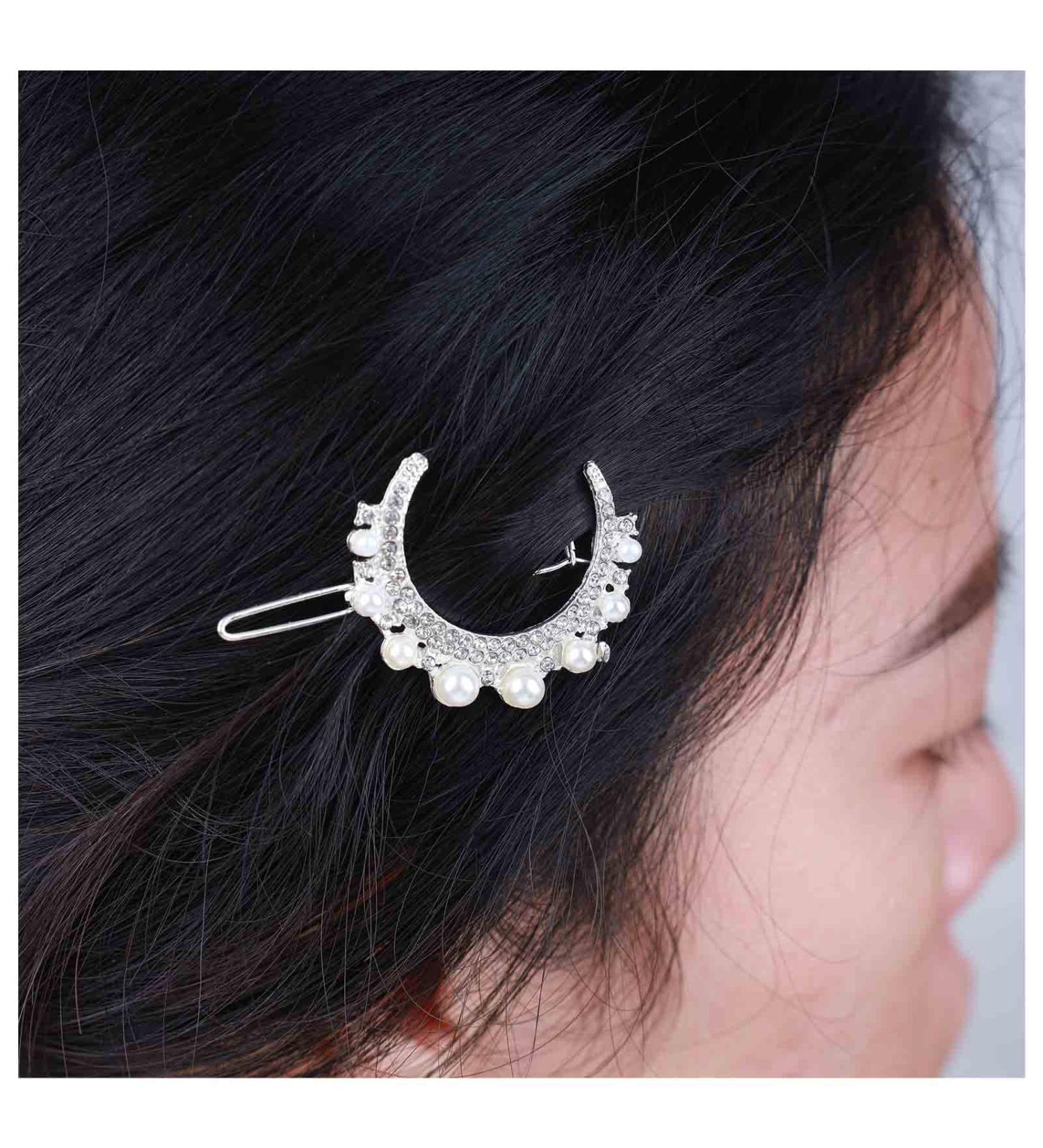 Allereya Crystal Pearl Moon Hair Clip Barrette Rhinestone Pearl Hairpin Barrette Silver CZ Crescent Moon Head Clip Headpieces Meniscus Pearl Hair Accessories for Women Girls (Silver) - Buy Online on GoSupps.com
