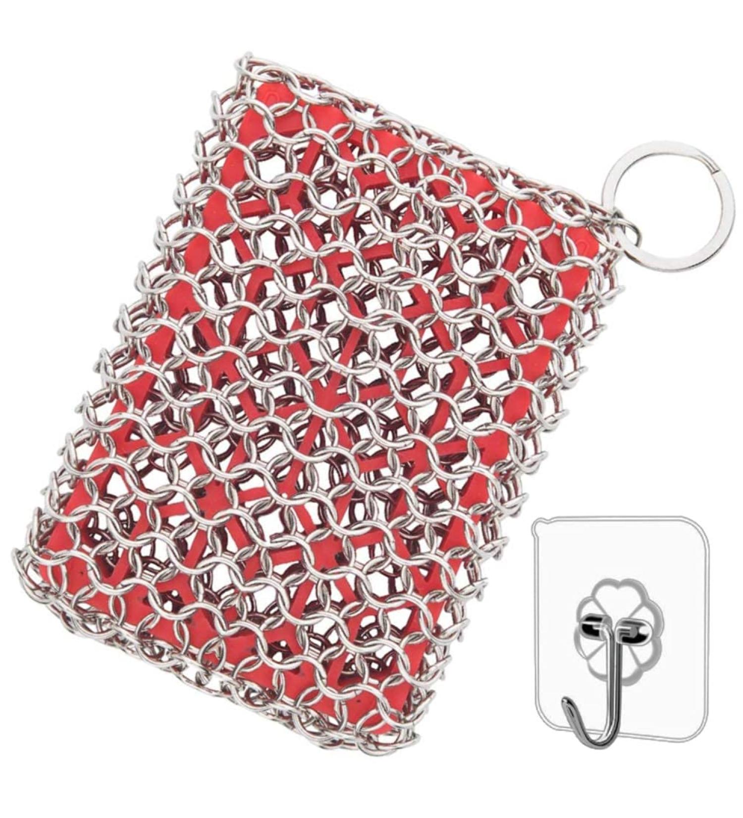 Chain Iron Scrubber with Silicone Insert - Cast Iron & Stainless Steel Cleaner for Pans & Cookware - Dishwasher Safe Kitchen Tool (Red) - Buy Online on GoSupps.com