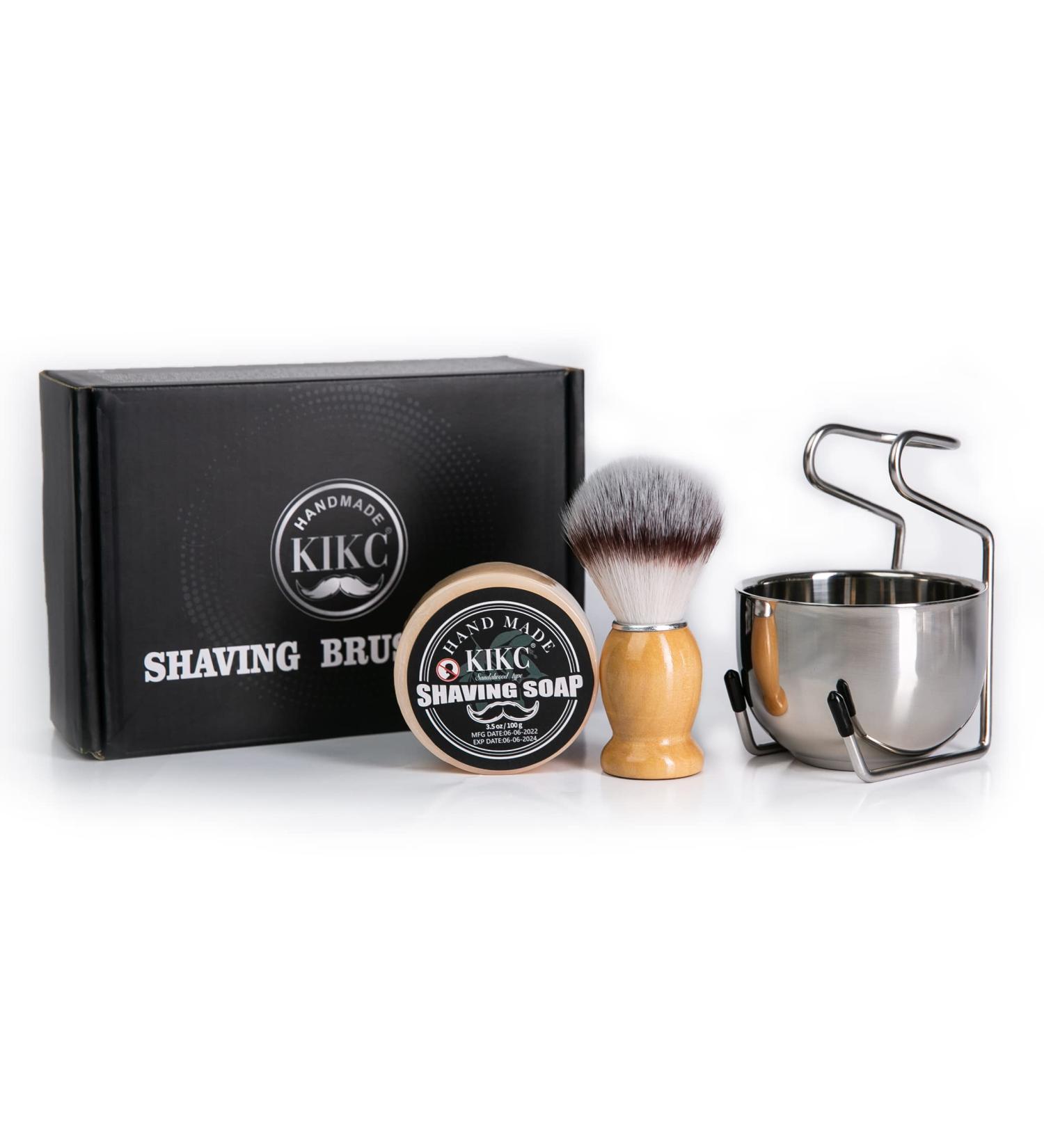 Shaving Set 4 in 1 for Wet Shave includes All Hand Crafted Shaving Brush Synthetic Hair Bristle Stainless Steel Soap Bowl Shaver Brush Stand Shaving Soap Best Gift for Bearded Men