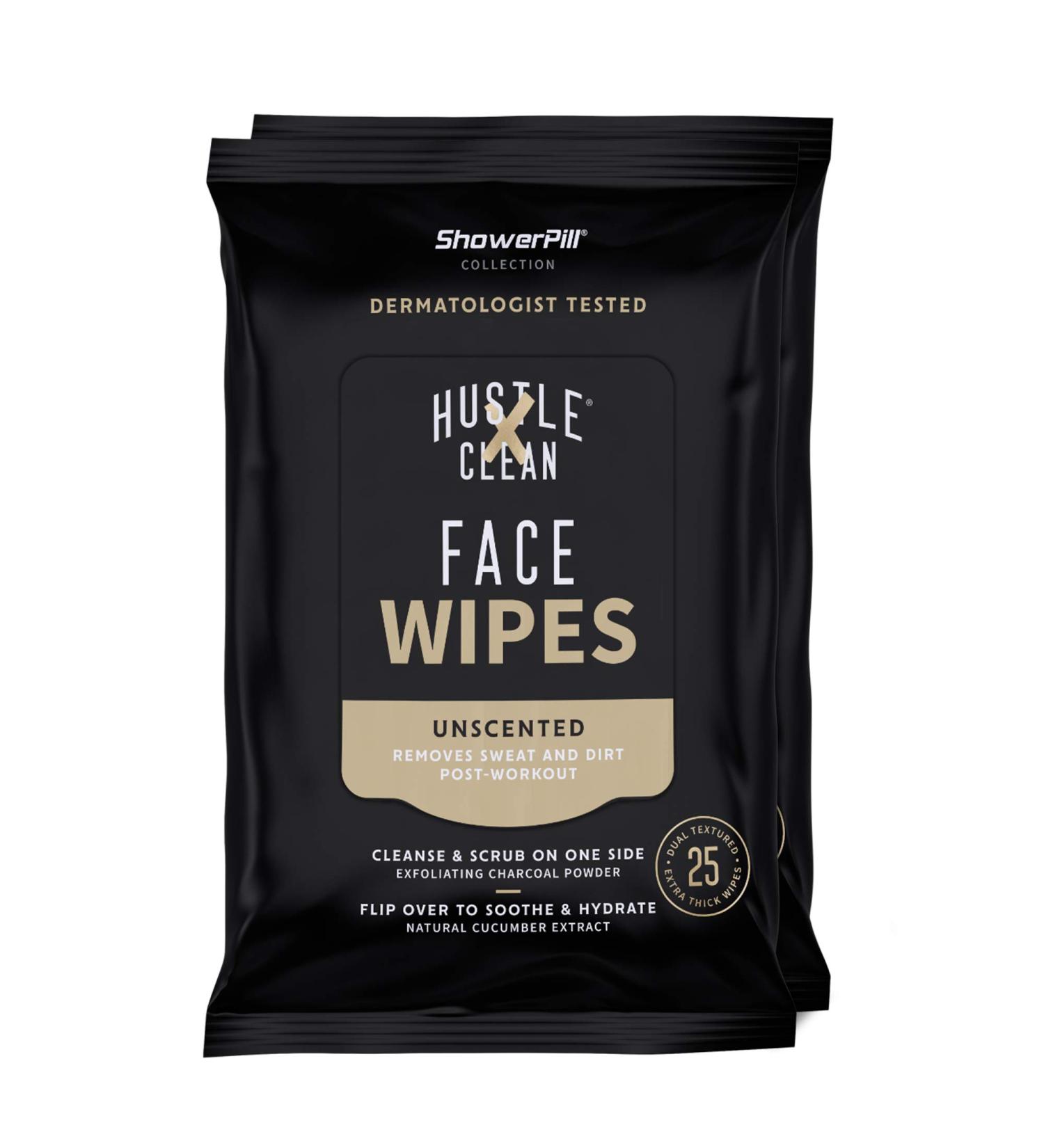 Hustle Clean Face Wipes - ShowerPill Collection - 50 Count Dual-Textured Cleansing Cloth with Charcoal and Cucumber - Pack of 1 - Buy Online on GoSupps.com