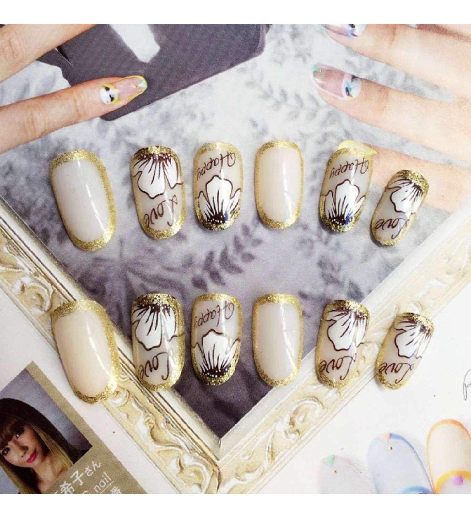 Shop Hujl Round Head Artificial Nails - White with Gold Rim & Retro Floral Design | 24 DIY Nail Tools for a Perfect Look - Buy Online on GoSupps.com