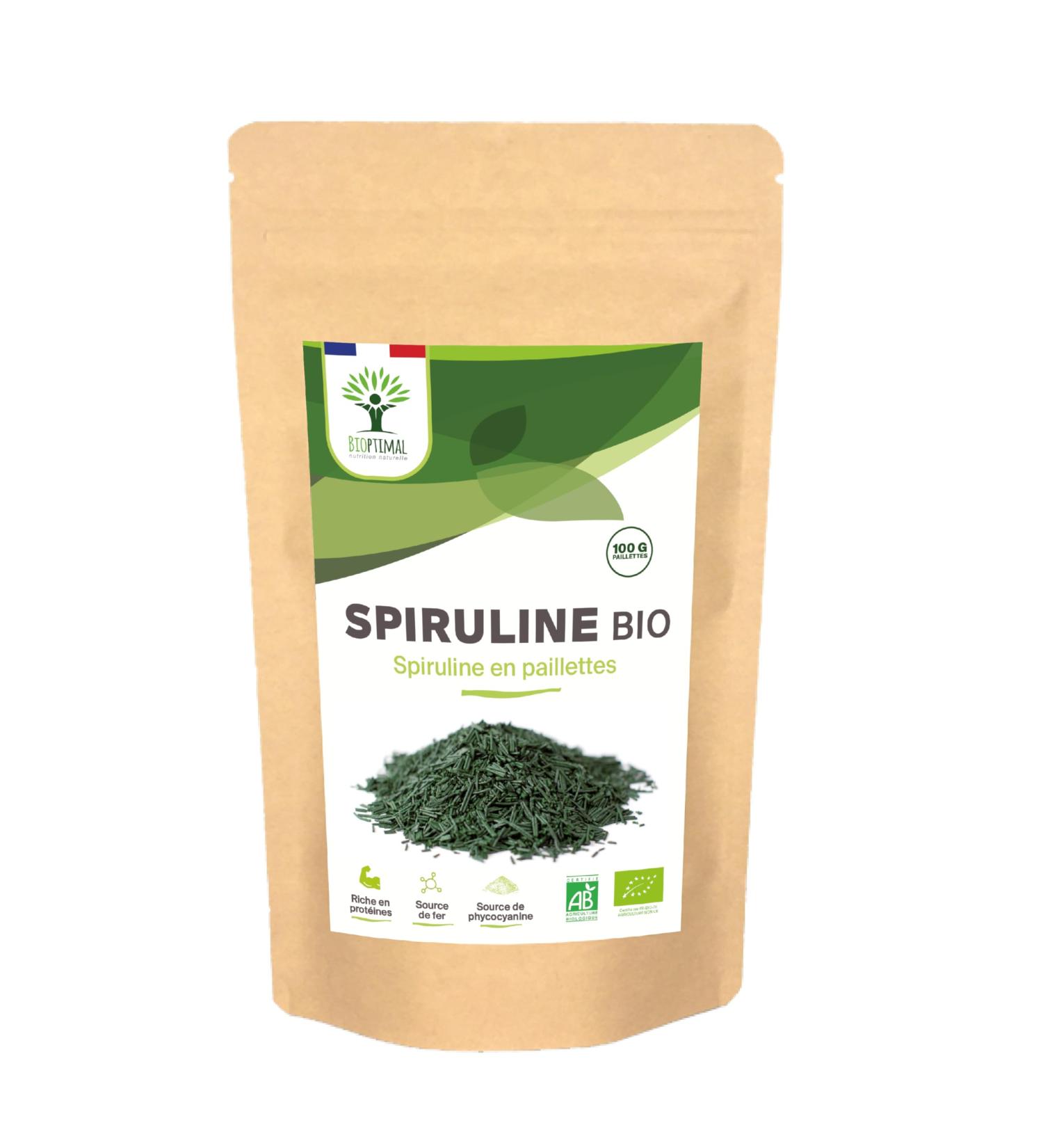 Spiruline Bio Paillette - Prot ines BCAA Phycocyanine - Energie Immunit - 100% Spiruline Pure en Paillettes Brindilles - Bioptimal Marque Fran aise - Conditionn en France - Certifi Ecocert - 100 g 100 g (Lot de 1) - Buy Online on GoSupps.com