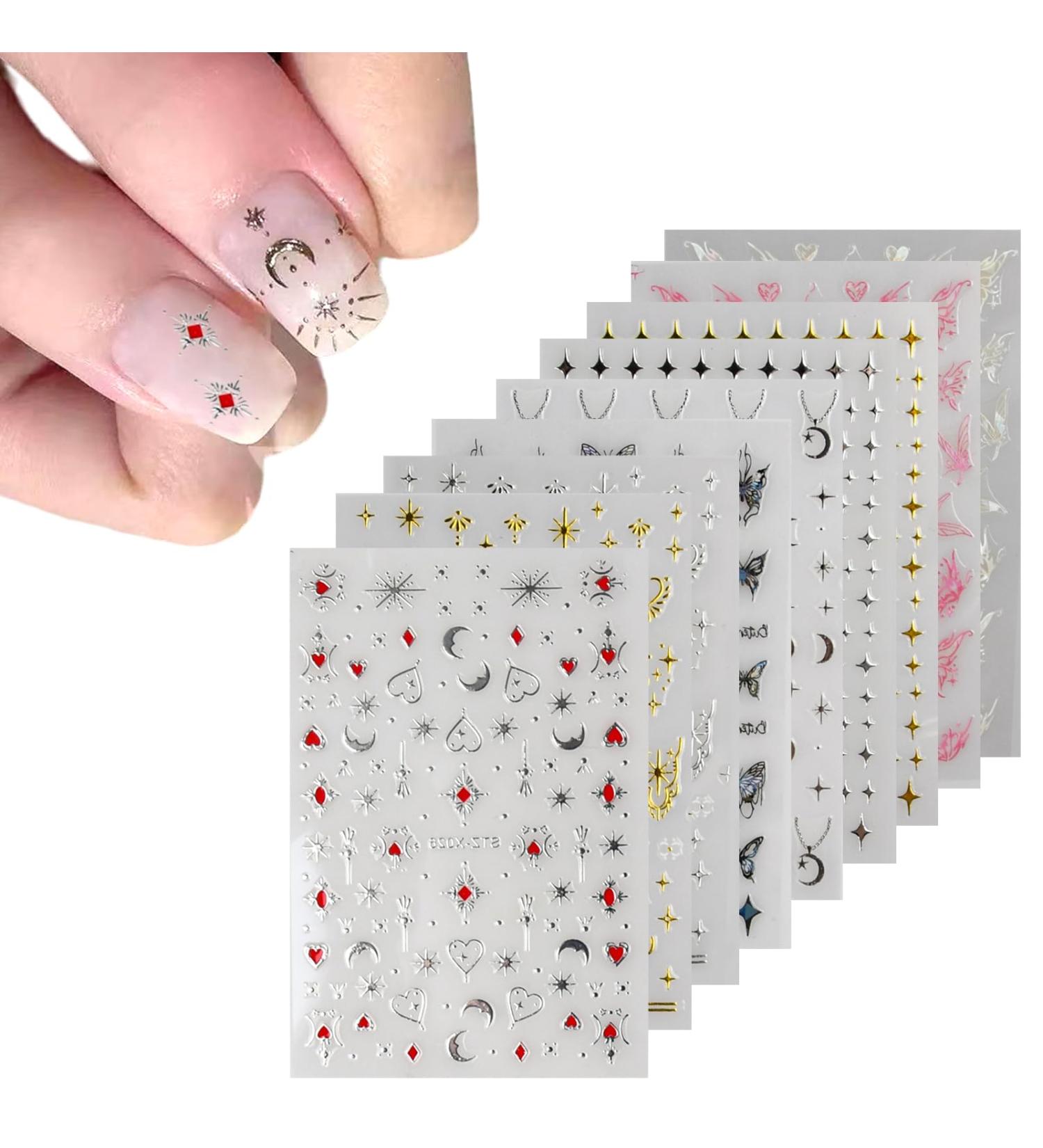 9 Sheets Nail Art Stickers Color Laser Butterfly Star Moon Sun Nail Decals Self-Adhesive Gold Silver Nail Supplies Manicure Art Design Decoration Accessories for Girls Women Nail Studio - Buy Online on GoSupps.com