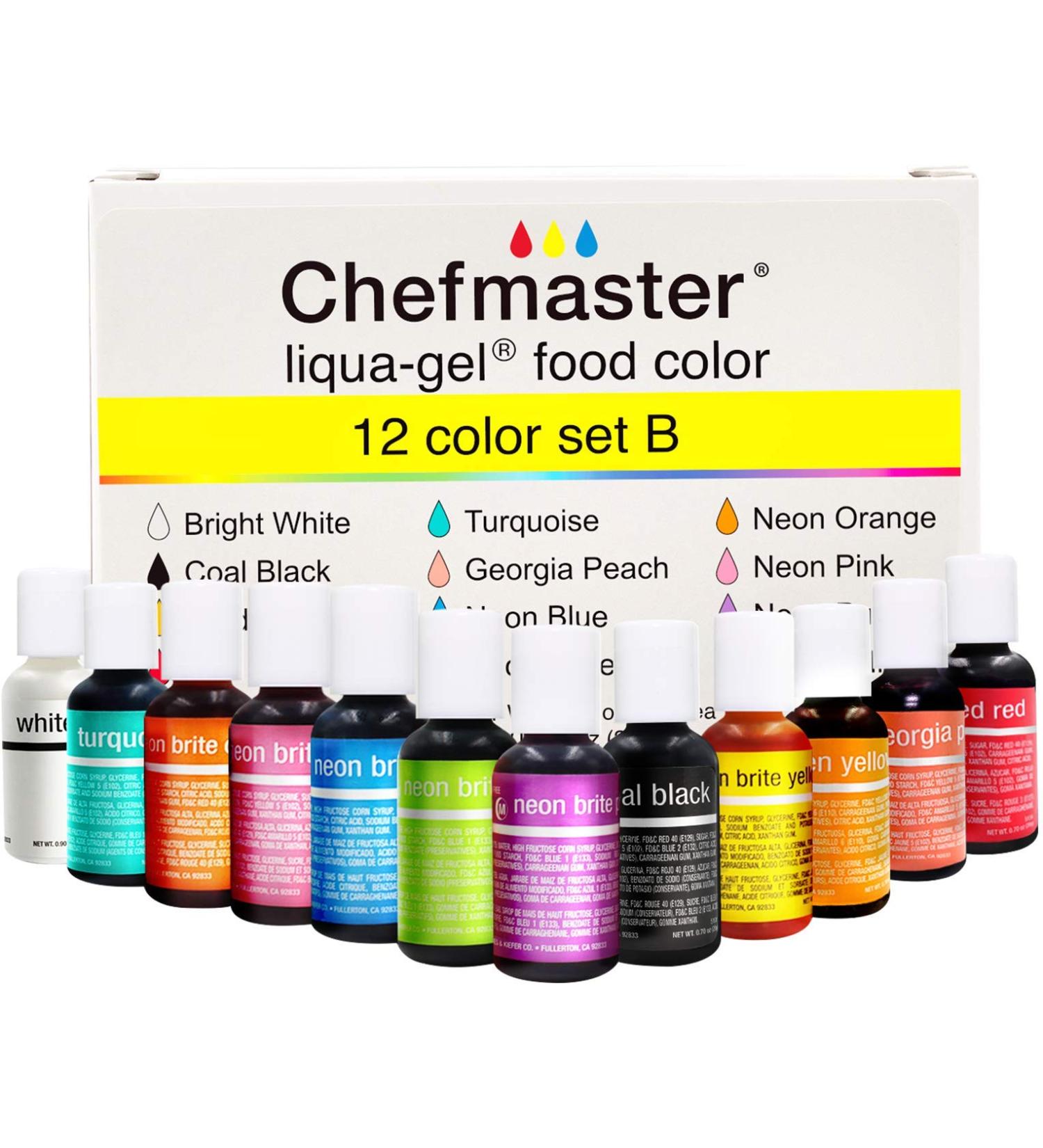 Chefmaster Liqua-Gel Food Coloring 12 Color Set B - Vibrant Fade-Resistant Colors - Easy-to-Blend Formula - 12 Pack - Made in USA - Buy Online on GoSupps.com