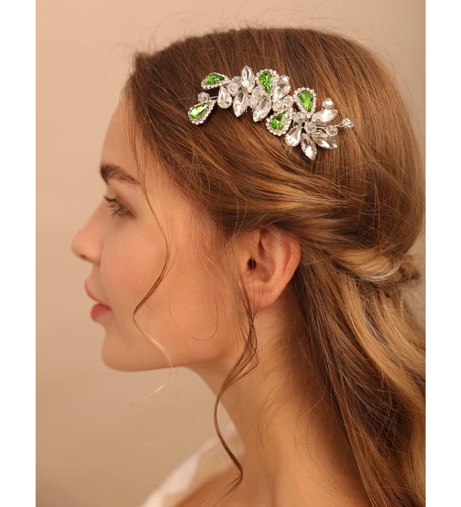 Deniferymakeup Bridal Hair Comb Rhinestone Teardrop Hair Comb Bridal Hair Accessory Crystal Gift for Her Party Headpiece (Silver Green) - Buy Online on GoSupps.com