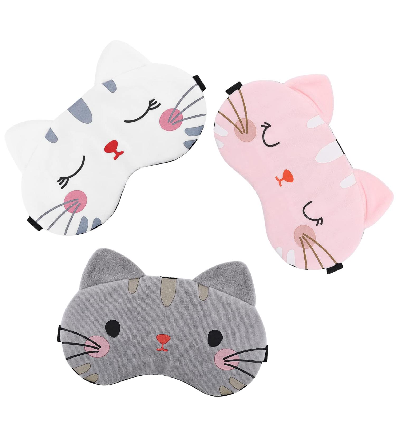 Lusofie 3Pcs Kids Cartoon Cat Sleep Mask Set with Adjustable Strap - Soft Blindfold Eye Covers for Sleeping, Travel - White Pink Grey - for Kids and Adults - Buy Online on GoSupps.com