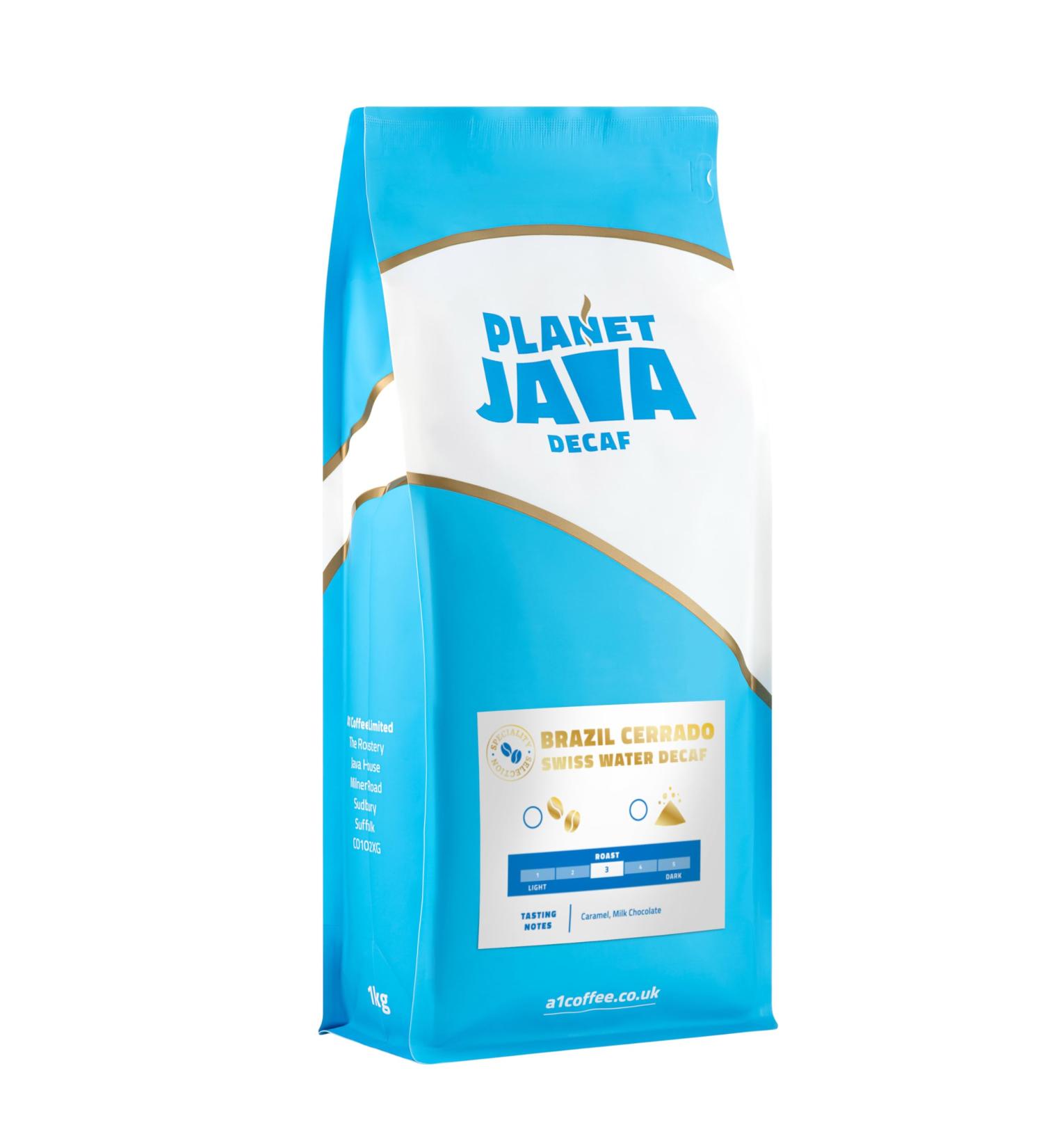Planet Java Brazilian Cerrado Swiss Water Decaf Full Medium Roast Coffee Beans (1 x 1kg Bag) - 100% Arabica Hand Roasted