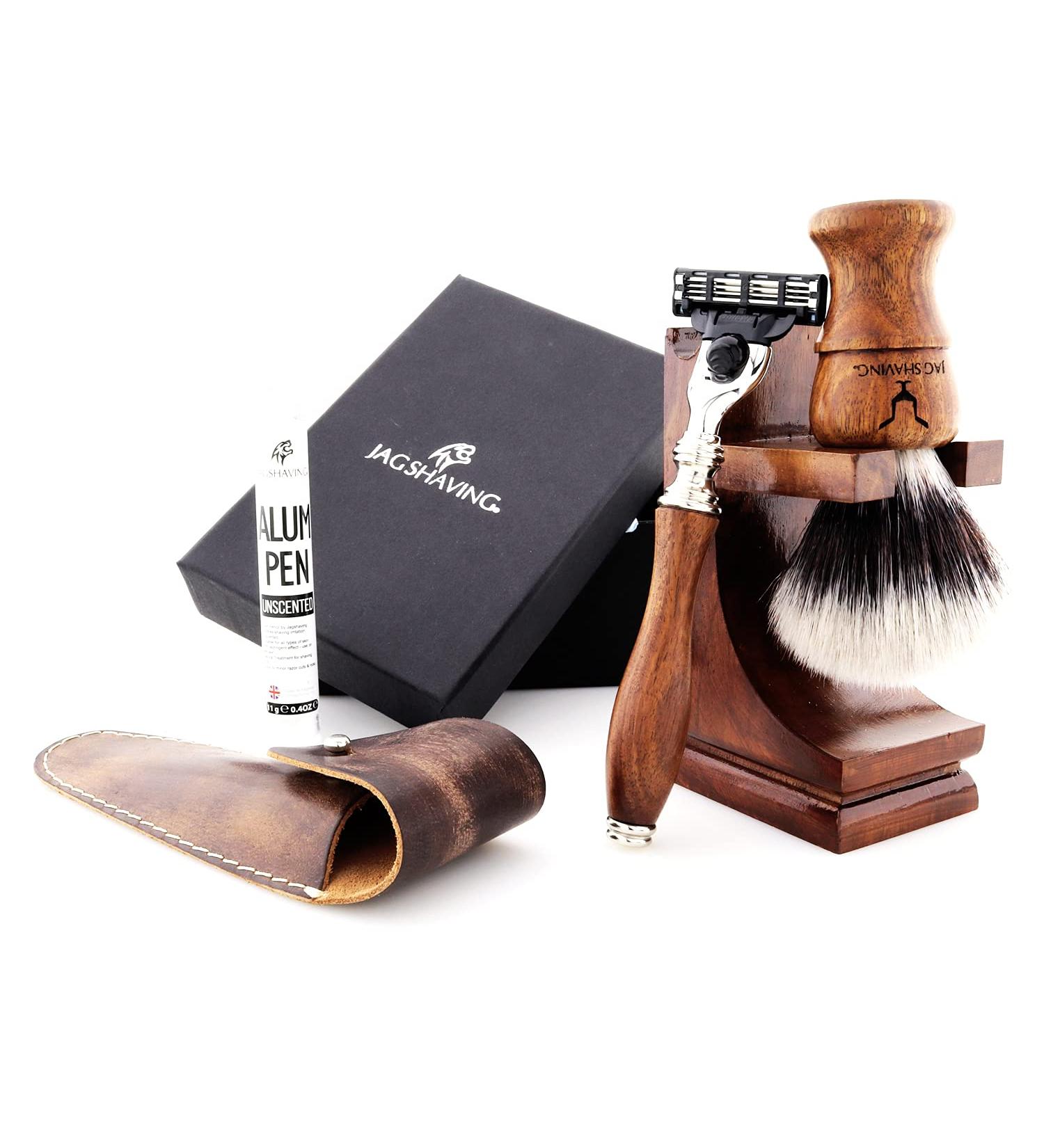 JAG Shaving Razor Set - Sustainable 4-Part Wood Razor Set with Synthetic Brush & Leather Bag - Perfect for Eco-Friendly Grooming - Buy Online on GoSupps.com