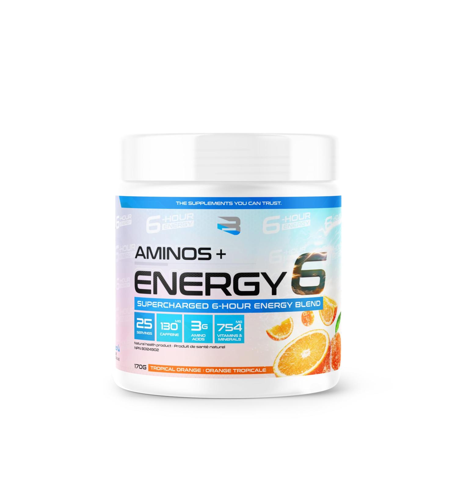 Amino+Energy6-6-Hour Energy Supplement with Amino Acids Vitamins Minerals and Stimulants - Boost Focus and Energy - (Tropical Orange) - Buy Online on GoSupps.com