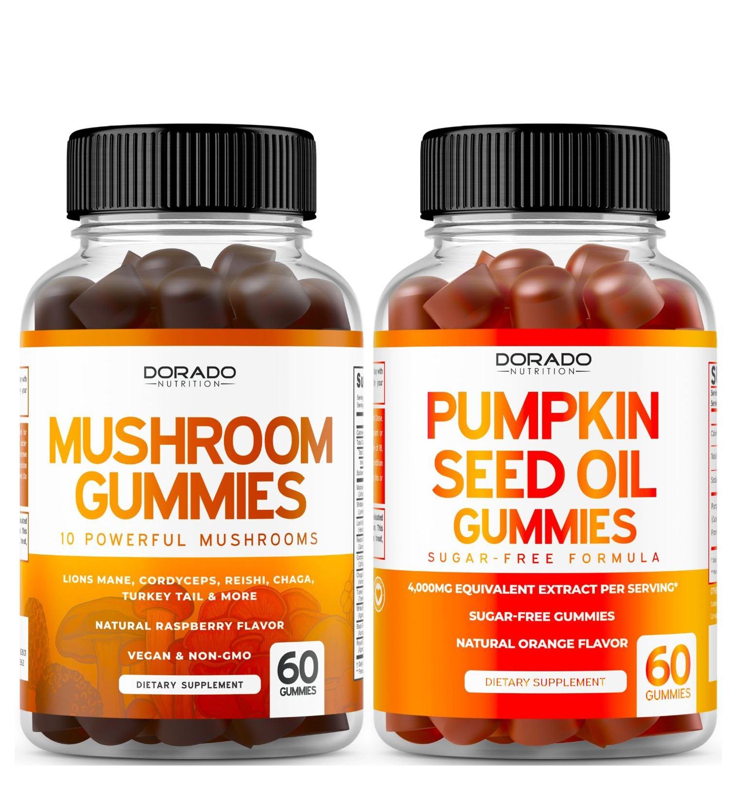 DORADO NUTRITION Mushroom Gummies (60 Count) 10 in 1 Supplement for Focus & Brain Support and Pumpkin Seed Oil Gummies (60 Count) Hair Growth and Bladder Control Supplement - Non GMO & USA Made - Buy Online on GoSupps.com