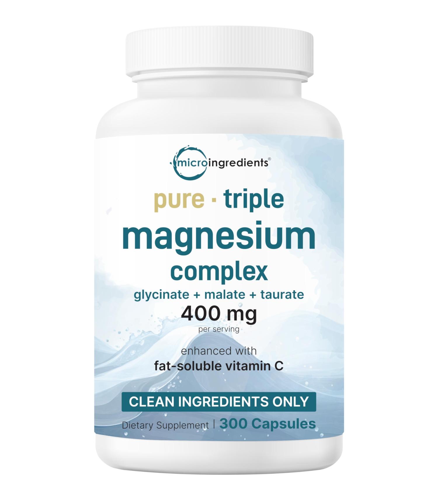 Micro Ingredients Pure Magnesium Complex 300 Capsules | Triple Magnesium Glycinate Malate Taurate with Vitamin C | 100% Chelated | Supports Muscles Nerves & Energy | Only Active Ingredients - Buy Online on GoSupps.com