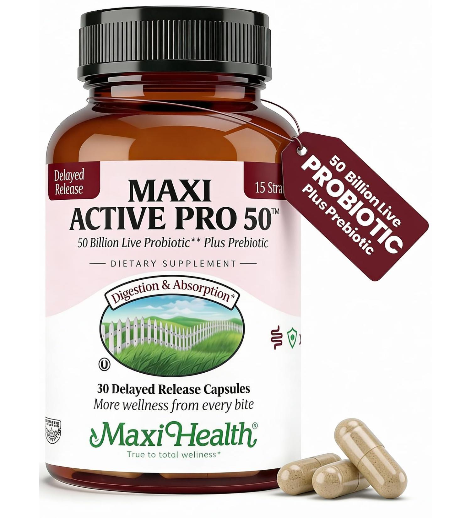 Maxi Health Probiotic Plus Ultimate Prebiotic Advanced Live Probiotics Formula - 50 Billion Live Active Probiotic - 15 Strains - Ultra Protection - Active Pro-50-30 Count 30 Count (Pack of 1) - Buy Online on GoSupps.com