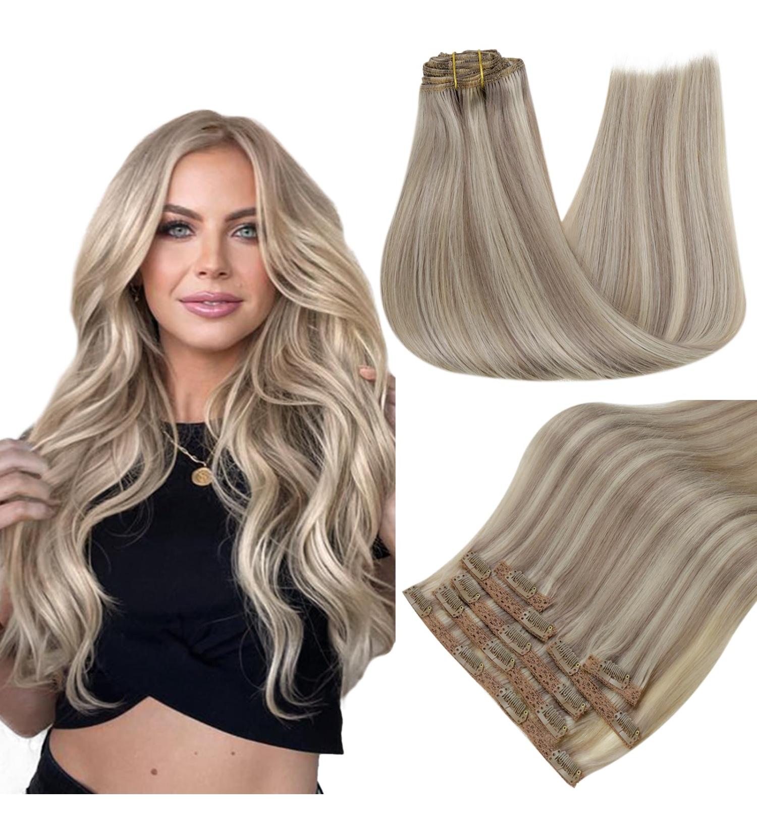 Runature Real Hair Extensions - 25cm Clip-In Short Hair with Blond Highlights - 7PCs Dark Blonde & Platinum Blond #19P60 #19AP60 - 80g - Buy Online on GoSupps.com