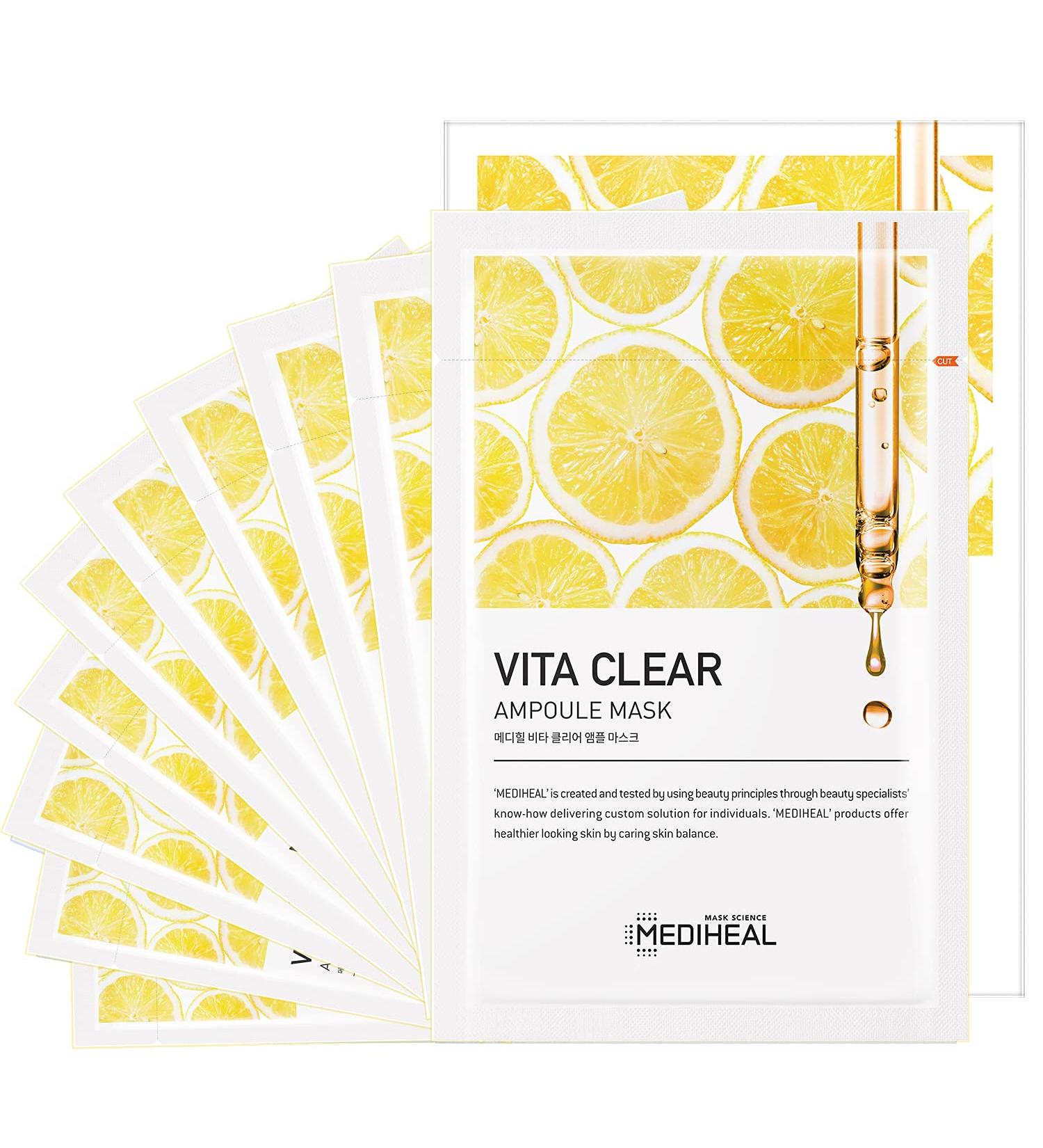 Mediheal Vita Clear Ampoule Mask 10Pack - Vitamin C Radiant Face Mask for Dull Skin - Lime Extracts and Glutathione - Melanin Control - Reduces Pigmentation - Tencel Sheet - Buy Online on GoSupps.com