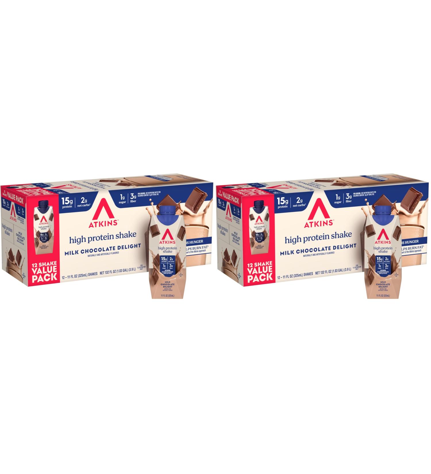 Atkins Milk Chocolate Delight Protein Shake 15g Protein Low Glycemic 2g Net Carb 1g Sugar Keto Friendly 12 Count (Pack of 2) - Buy Online on GoSupps.com